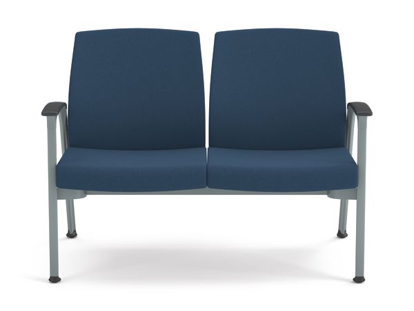 Two-seat guest chair with blue textured cushions, metal frame, and integrated armrests, designed for modern office or waiting areas.