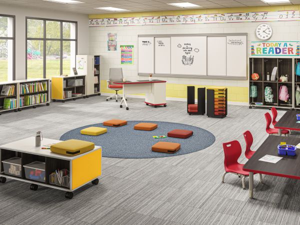 Bright elementary classroom with group seating, reading area, motivational displays, and organized storage.