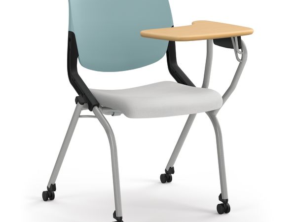 Light blue back chair with gray cushioned seat, wooden writing tablet, and caster wheels.