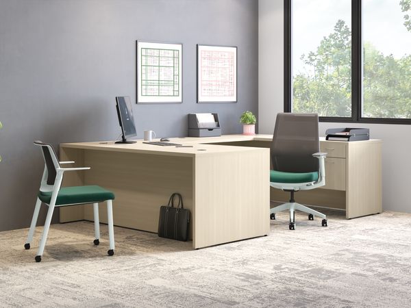 Contemporary office with L-shaped wooden desk, ergonomic chair, guest chair, computer monitor, and large window with outdoor view.