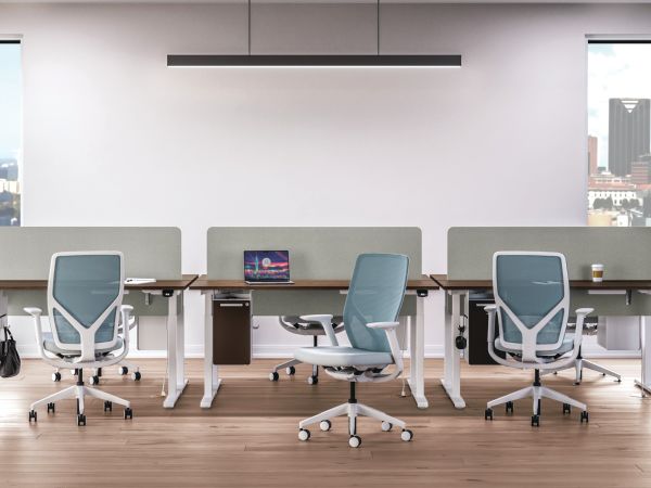 Row of 2 height adjustable workstations with Flexion task seating.