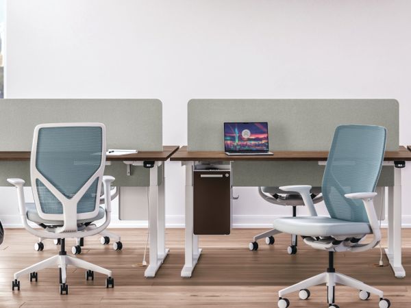 Row of 2 height adjustable workstations with Flexion task seating.