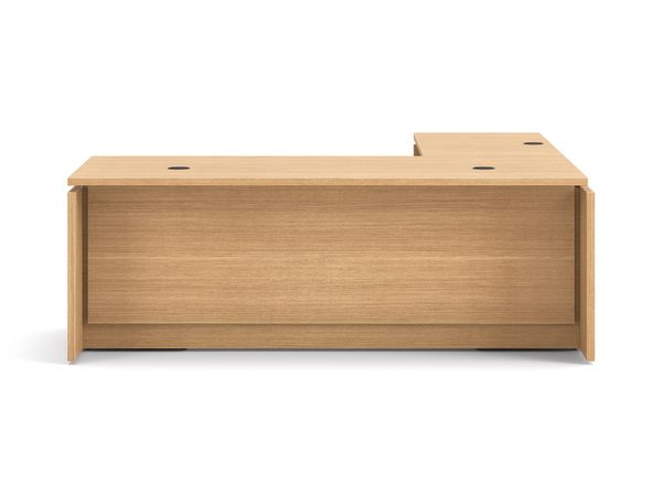 L-shaped executive workstation with woodgrain finish, integrated power access, and pedestal file storage.