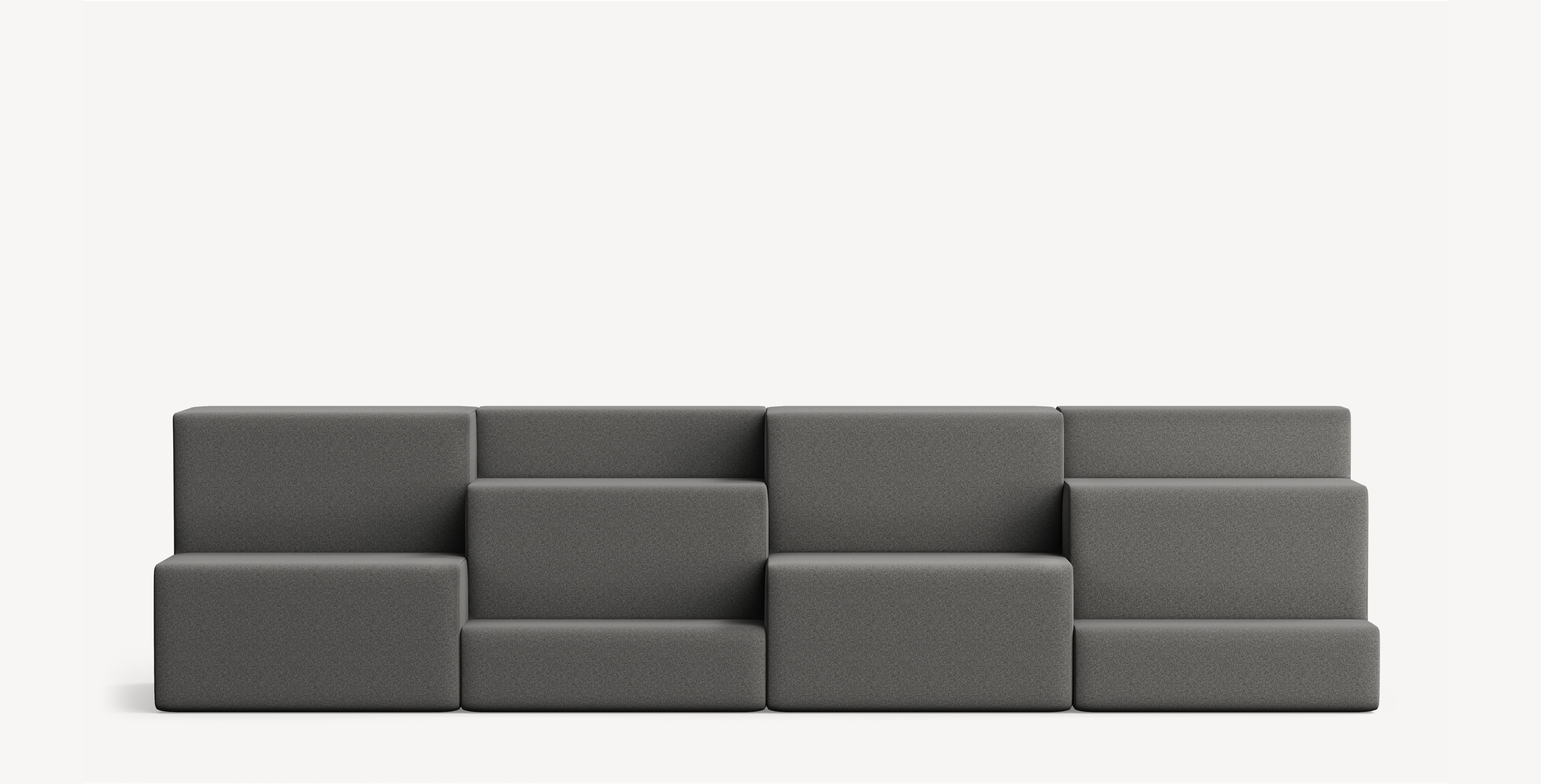 Front view of an Allsteel Rise lounge configuration in dark grey fabric.