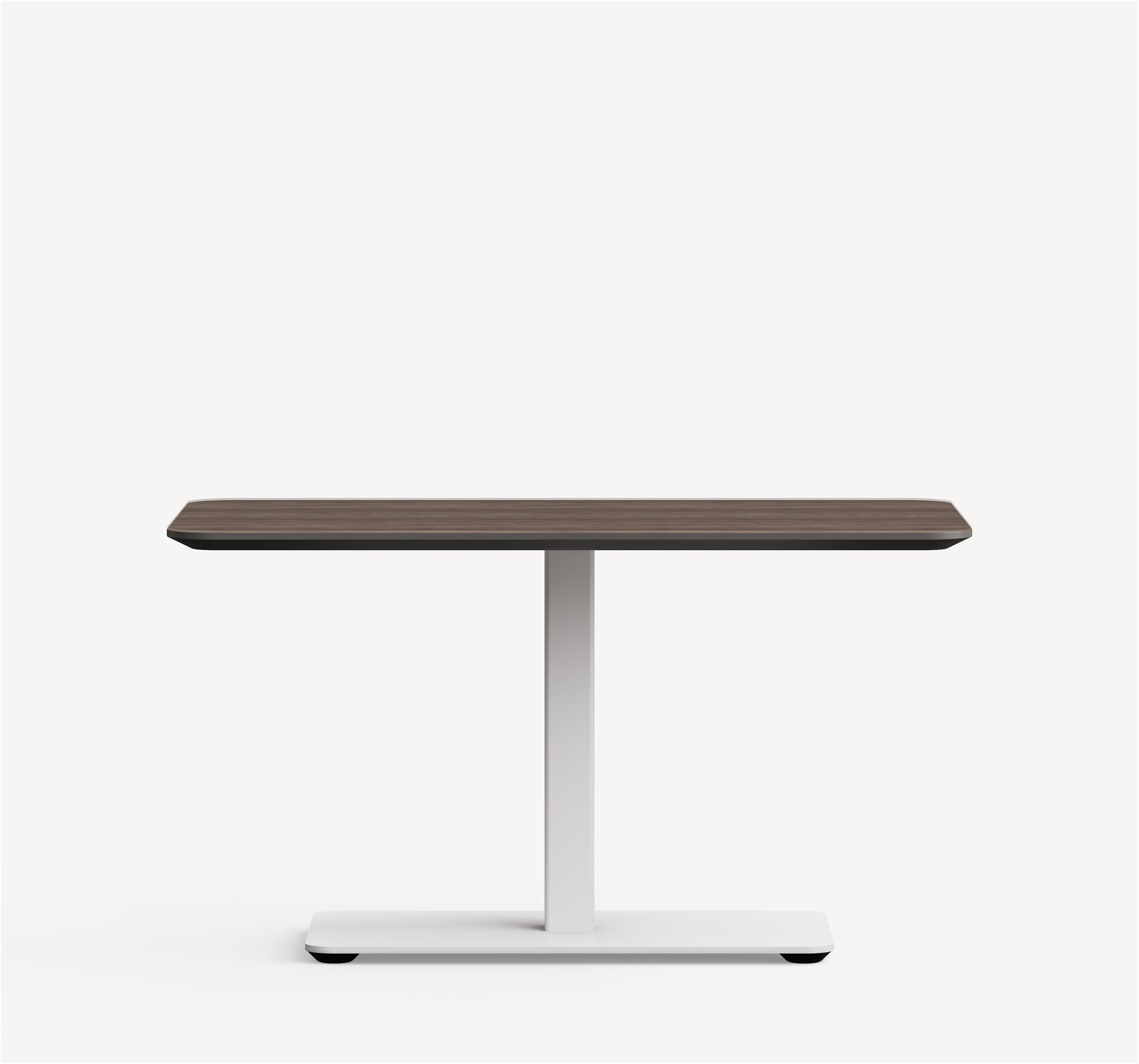 Recharge collaborative table with white, rectangular pedestal base and dark brown rectangular top with knife edge.