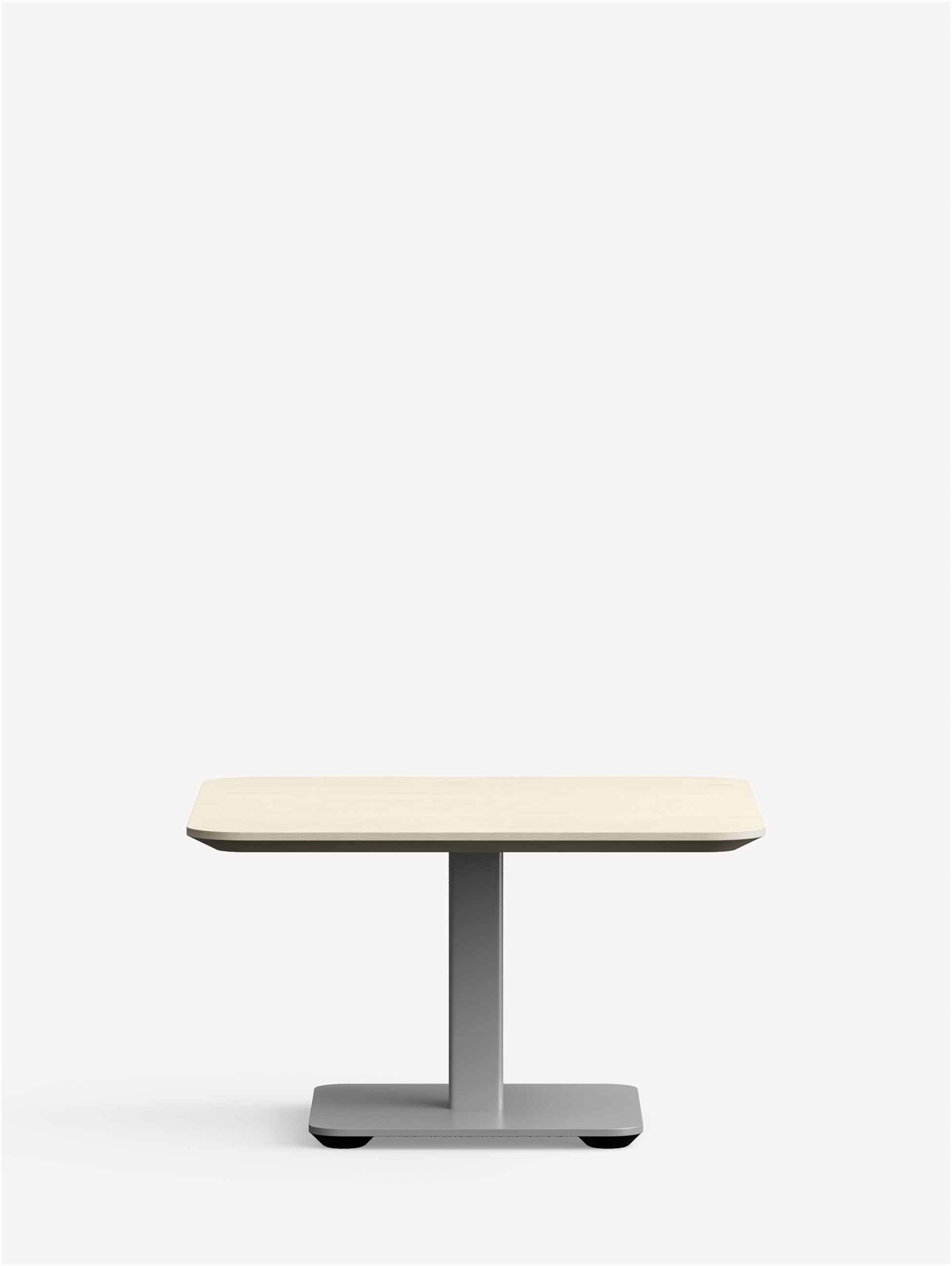 Allsteel Recharge occasional table with silver square pedestal base and square top.