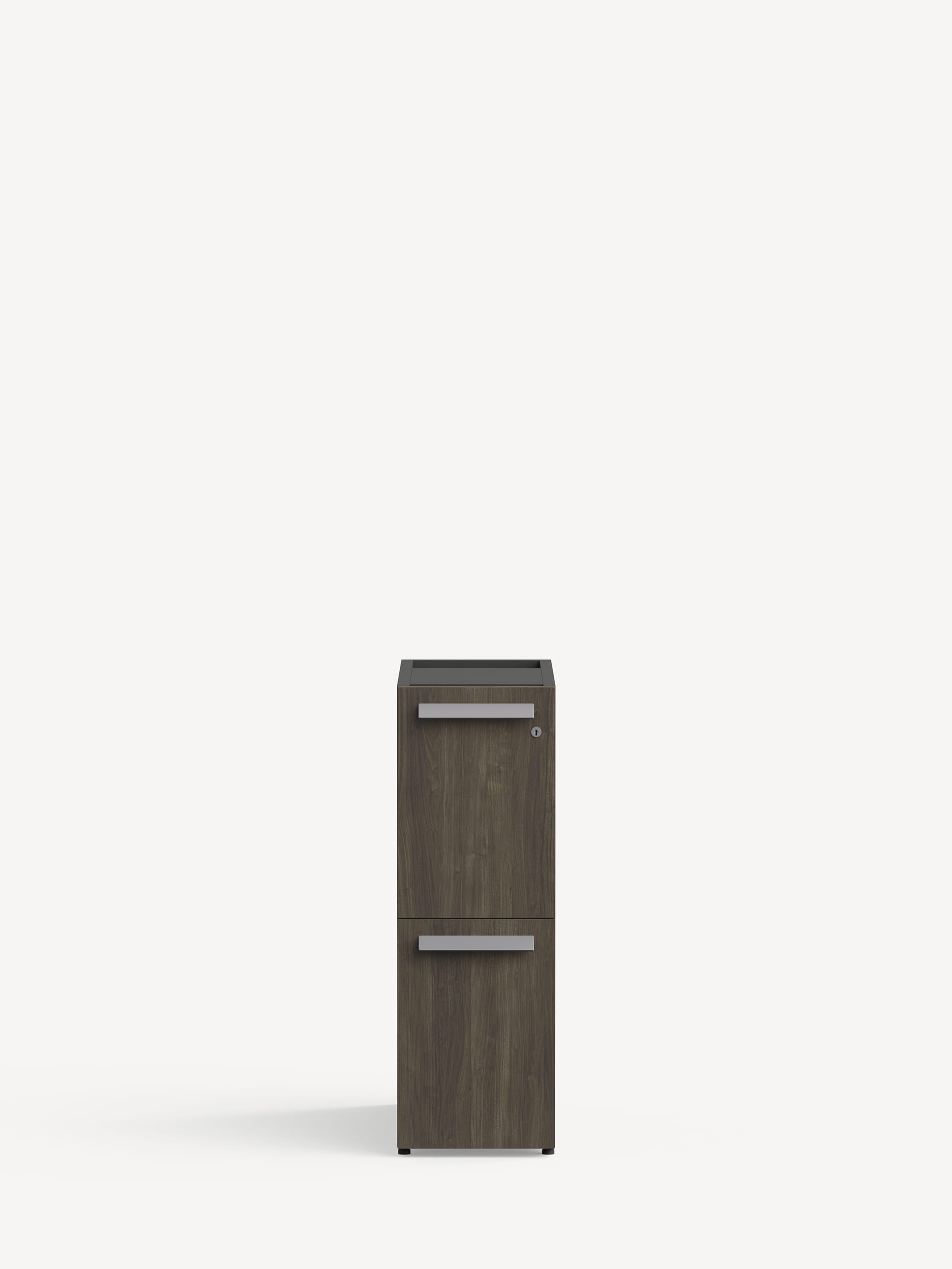 Approach Slim File Pedestal in dark brownish grey wood with two file drawers and silver handles.
