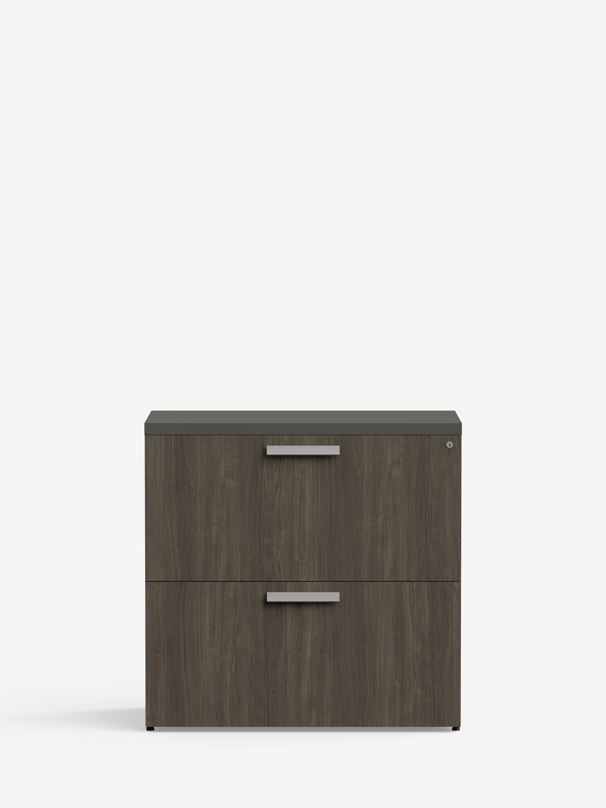 Approach Lateral File Unit in brownish grey wood with two later file drawers, dark grey top and silver handles.