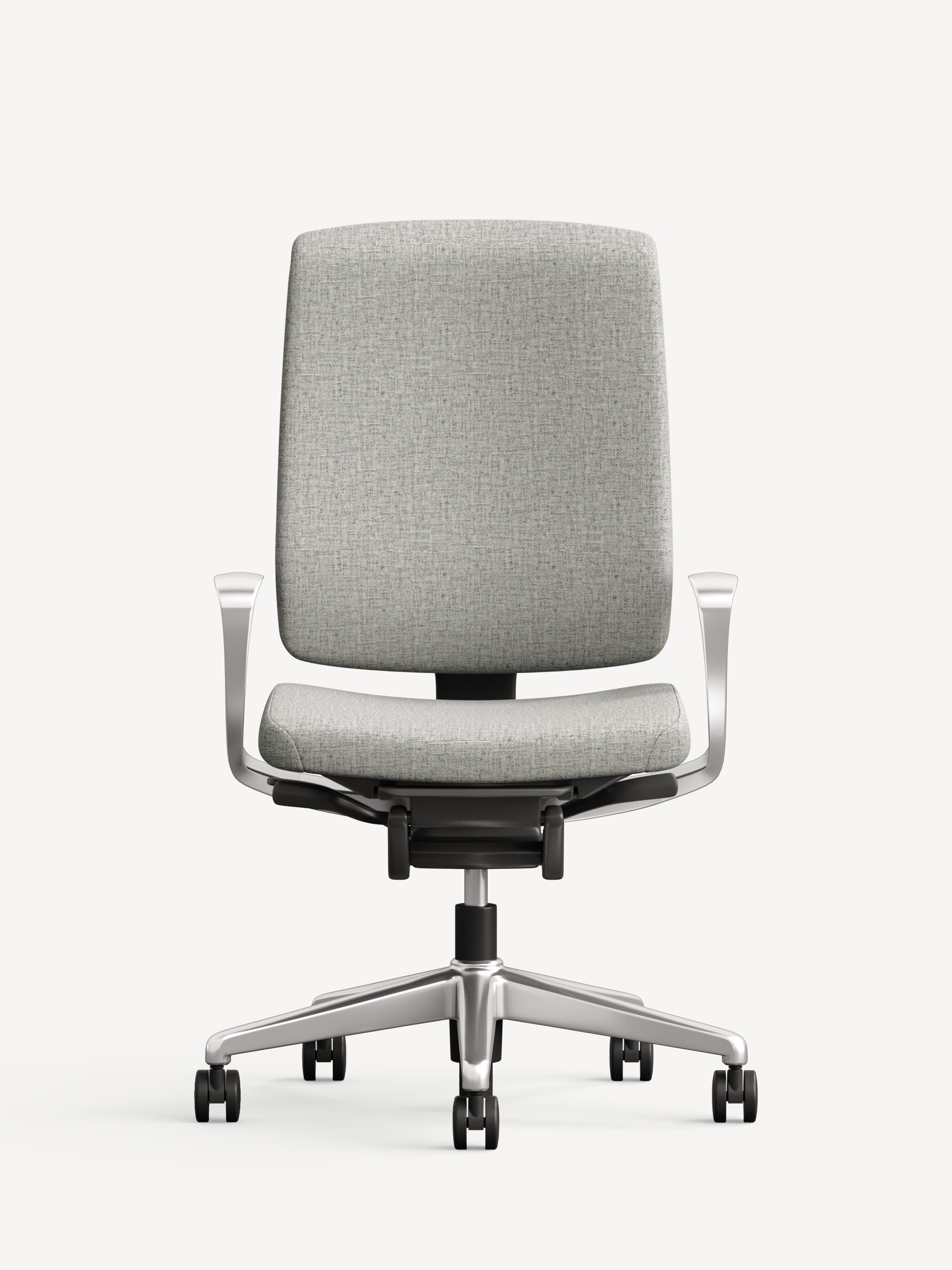 Front view of the Allsteel Relate conference chair with silver arms and light grey upholstery.