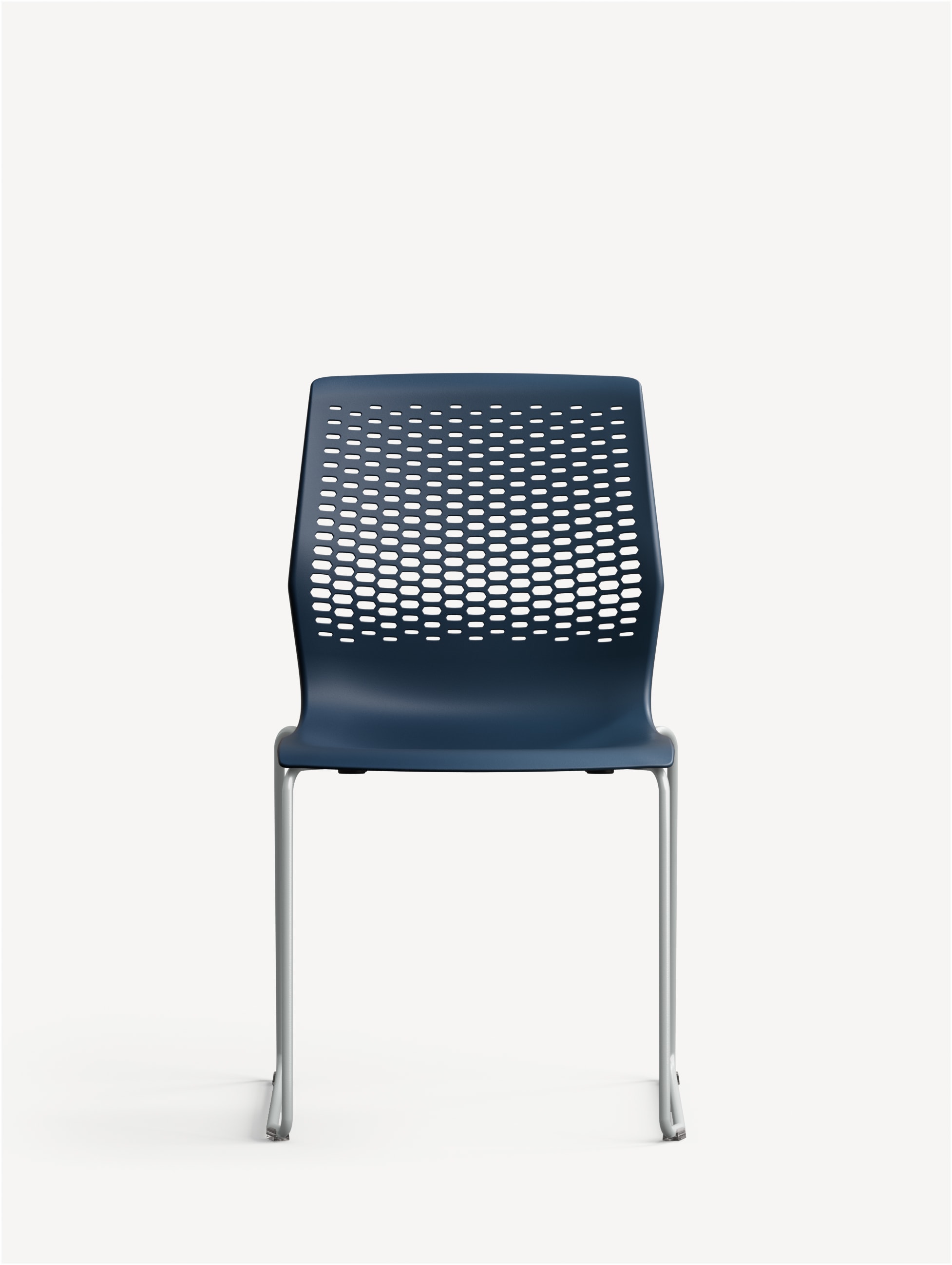 Front  view of the Allsteel Lyric multipurpose chair with blue seat and back and silver sled base.