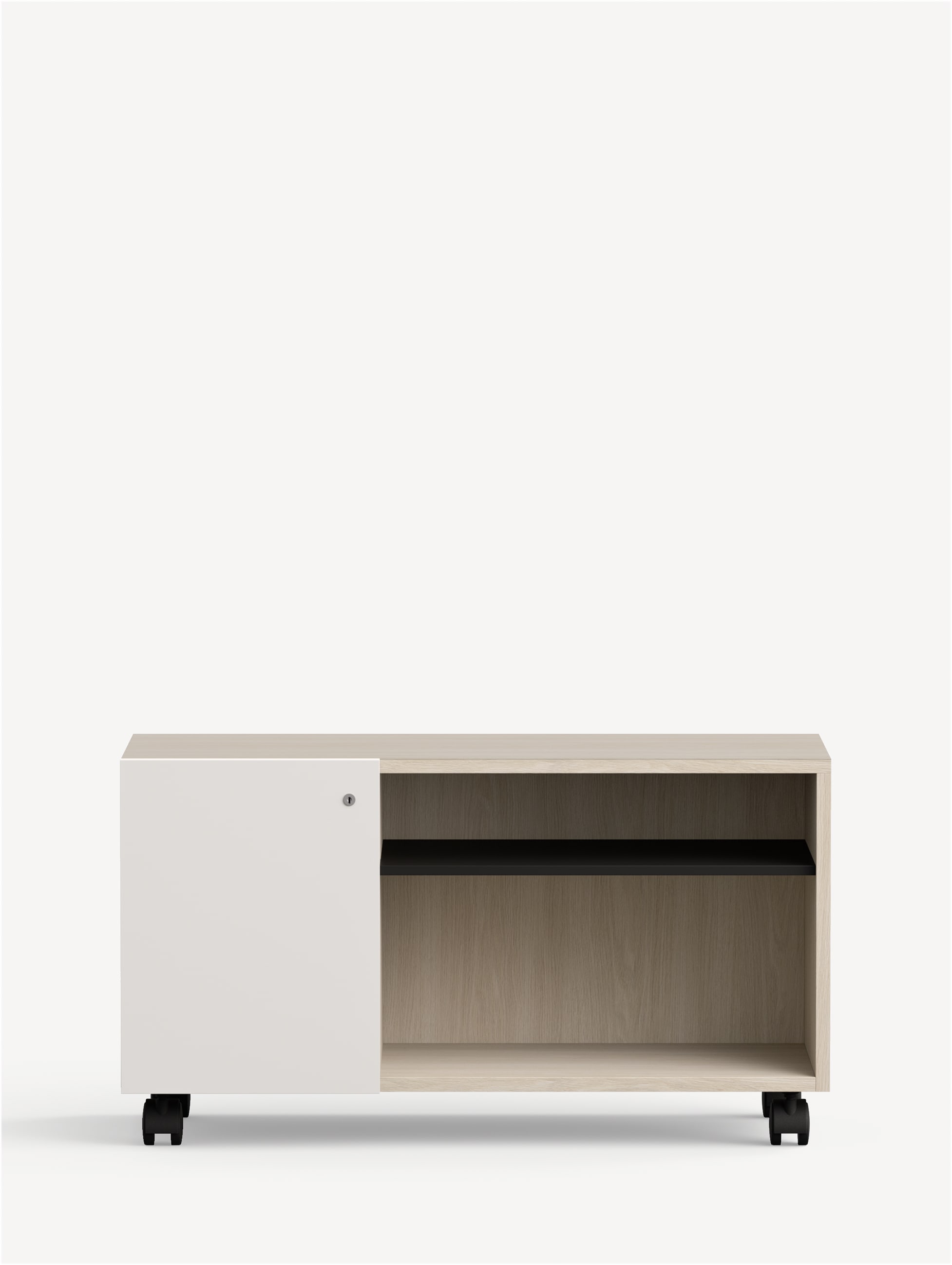 Further Mobile Credenza in light wood with a white door on the left side, black shelf on the right and black casters.