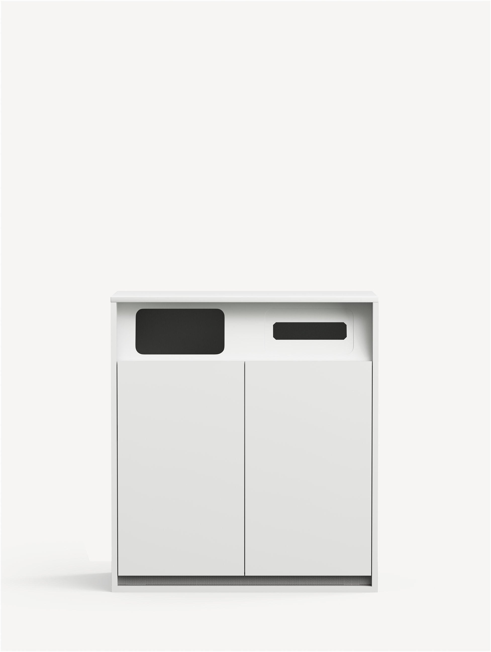 Front view of a 2-bay Aware Waste Credenza in white with one paper insert and one trash insert.
