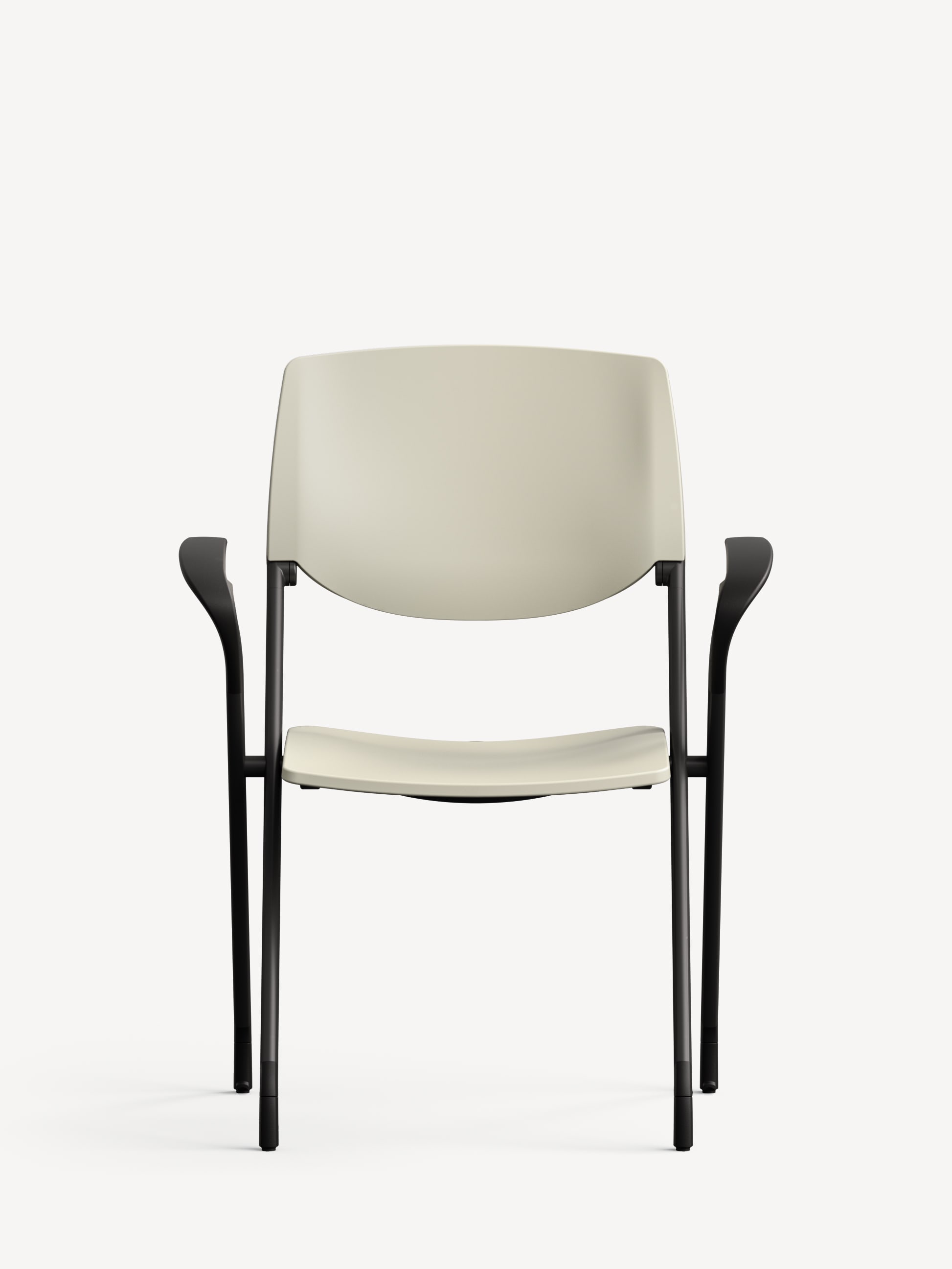 Front view of the Allsteel Seek side armchair with a black frame and off-white polymer seat and backrest.