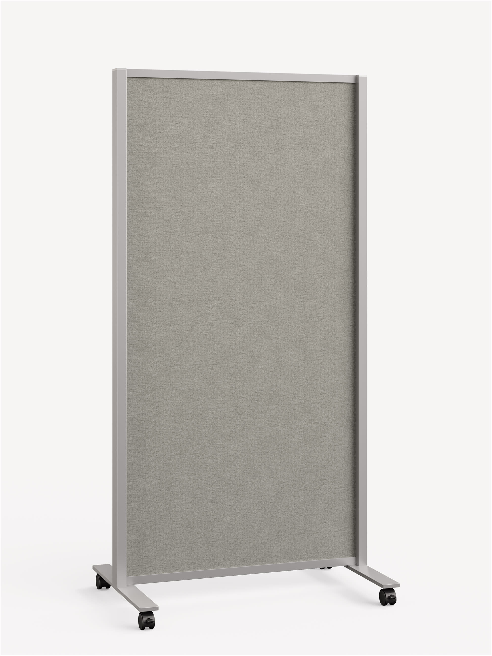 Three-quarter view of an Aware Two-Sided Mobile Tack board with a silver frame and platinum fabric.