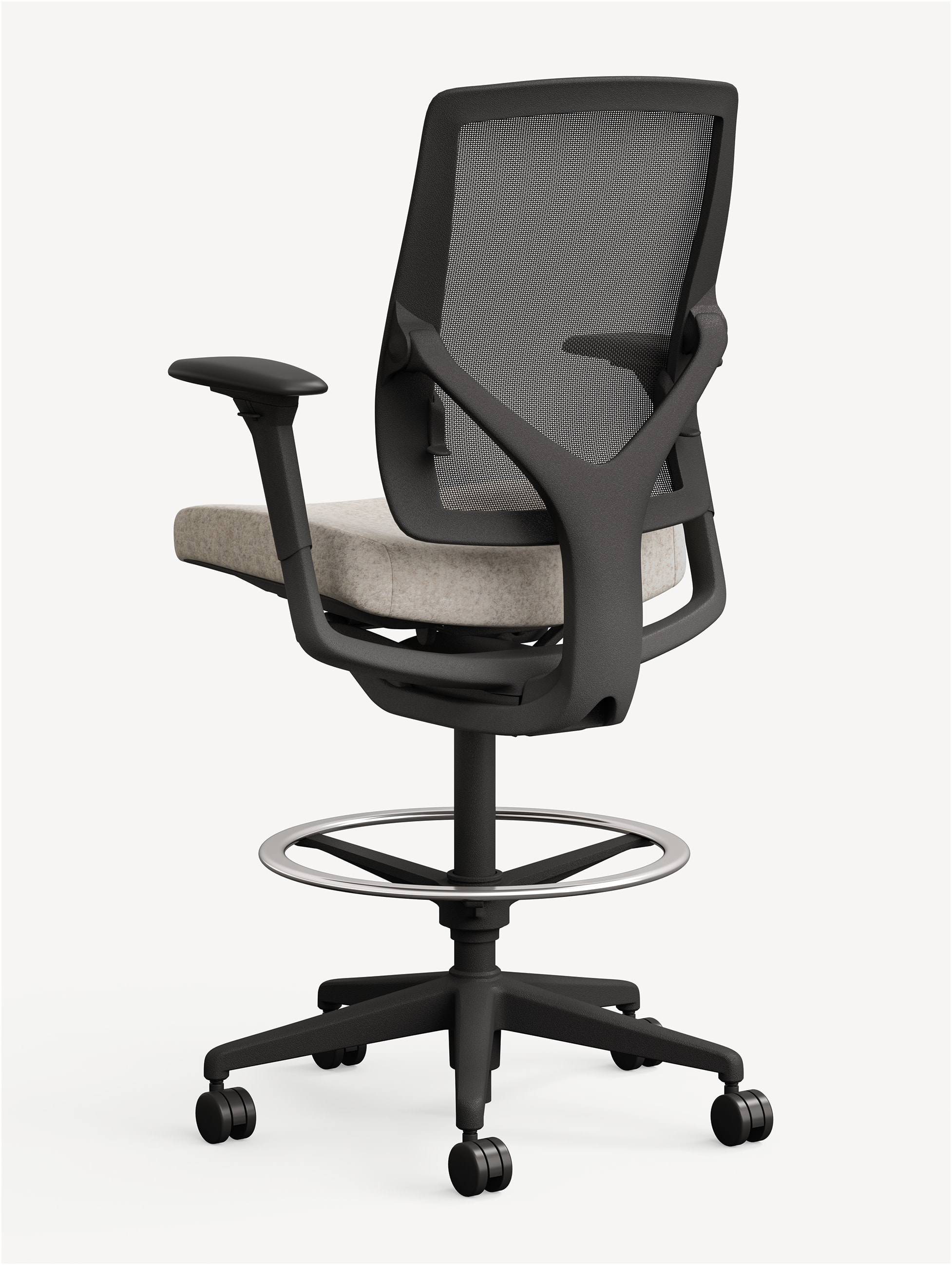 Back view of the Allsteel Relate work stool with a black frame, black mesh back, silver footrest and light greyish tan seat.