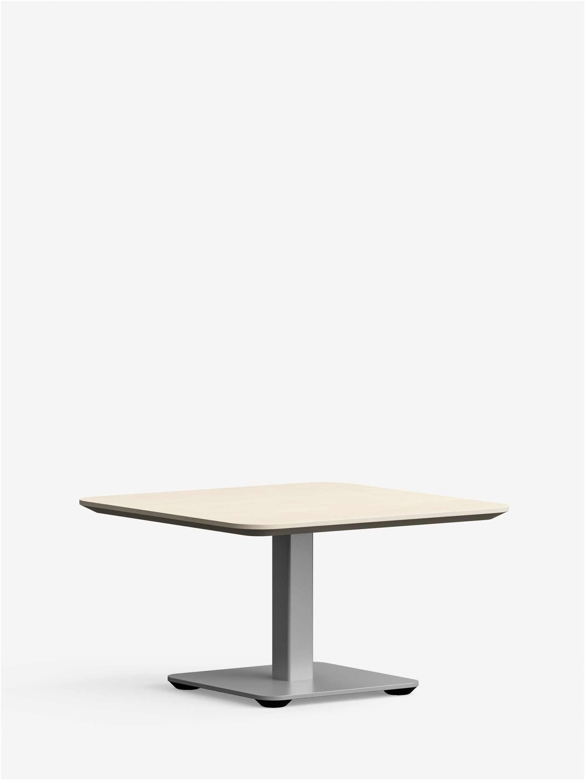 Allsteel Recharge occasional table with silver square pedestal base and square top.