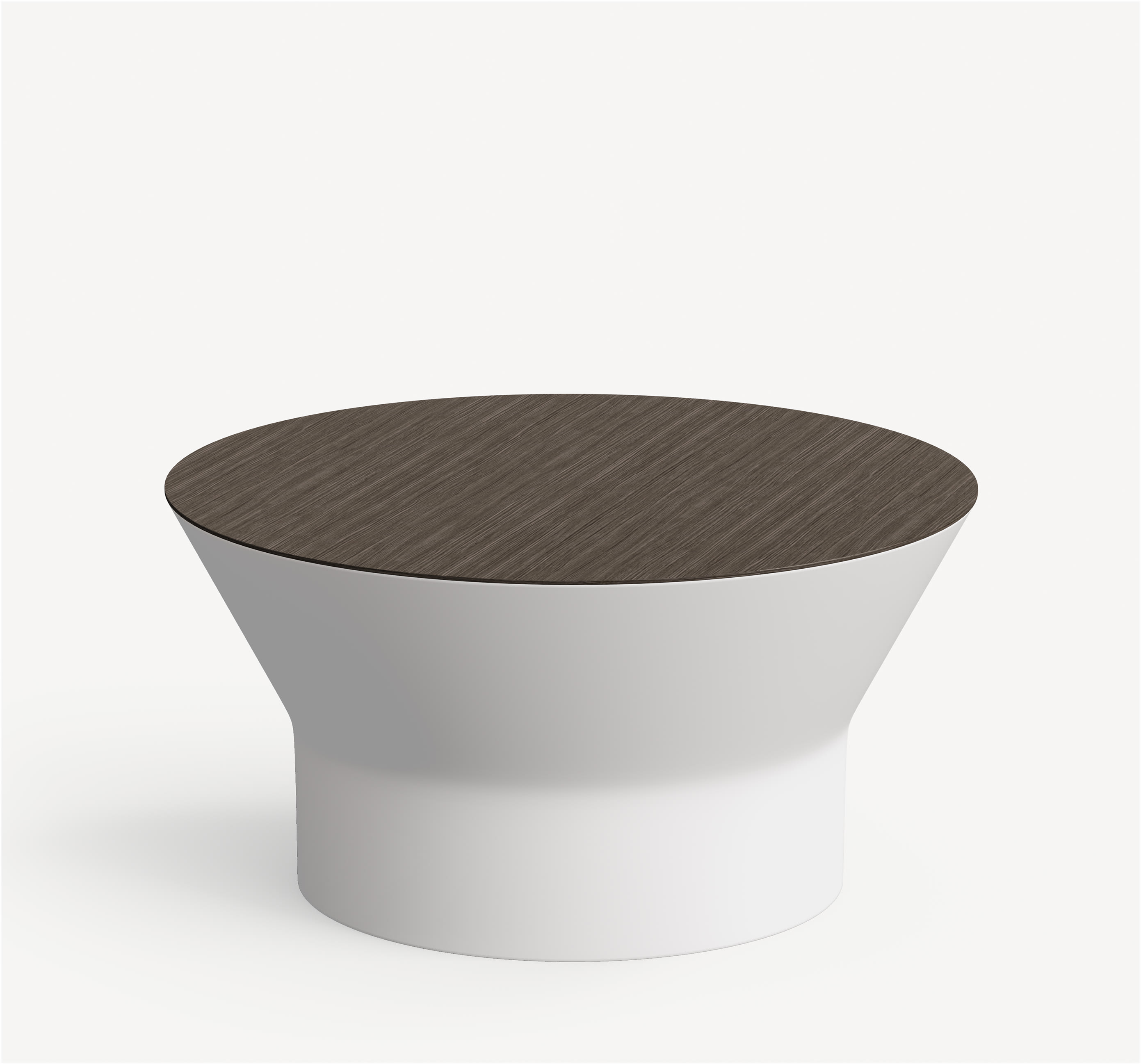 Hourglass shaped Belong coffee table with a white aluminum base and brown veneer table top.