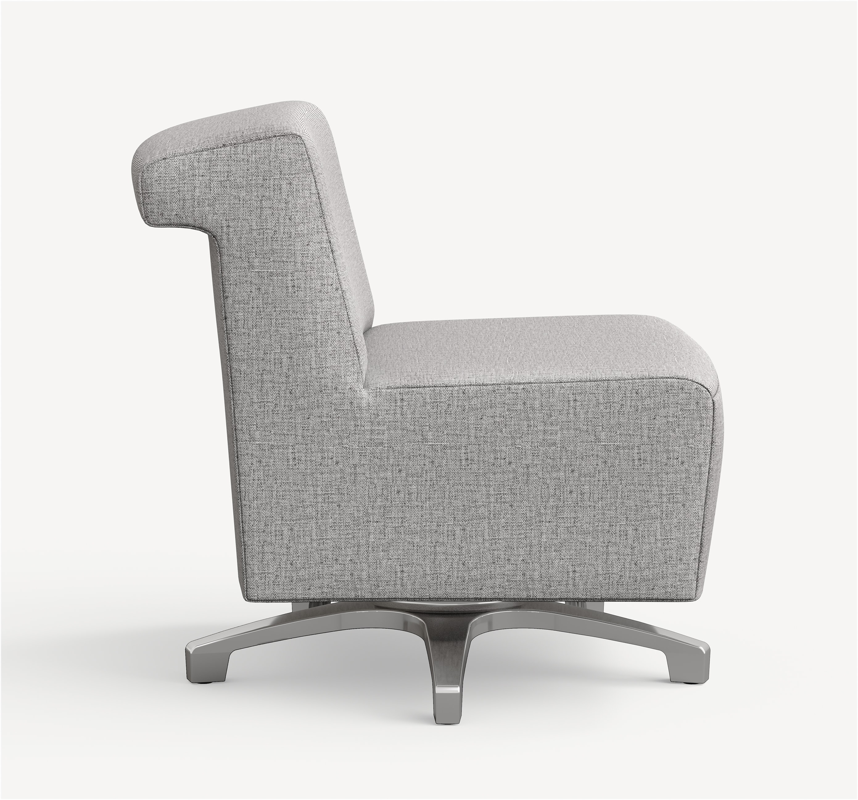 Side view of the Allsteel Linger swivel lounge chair with aluminum base and light grey upholstery.