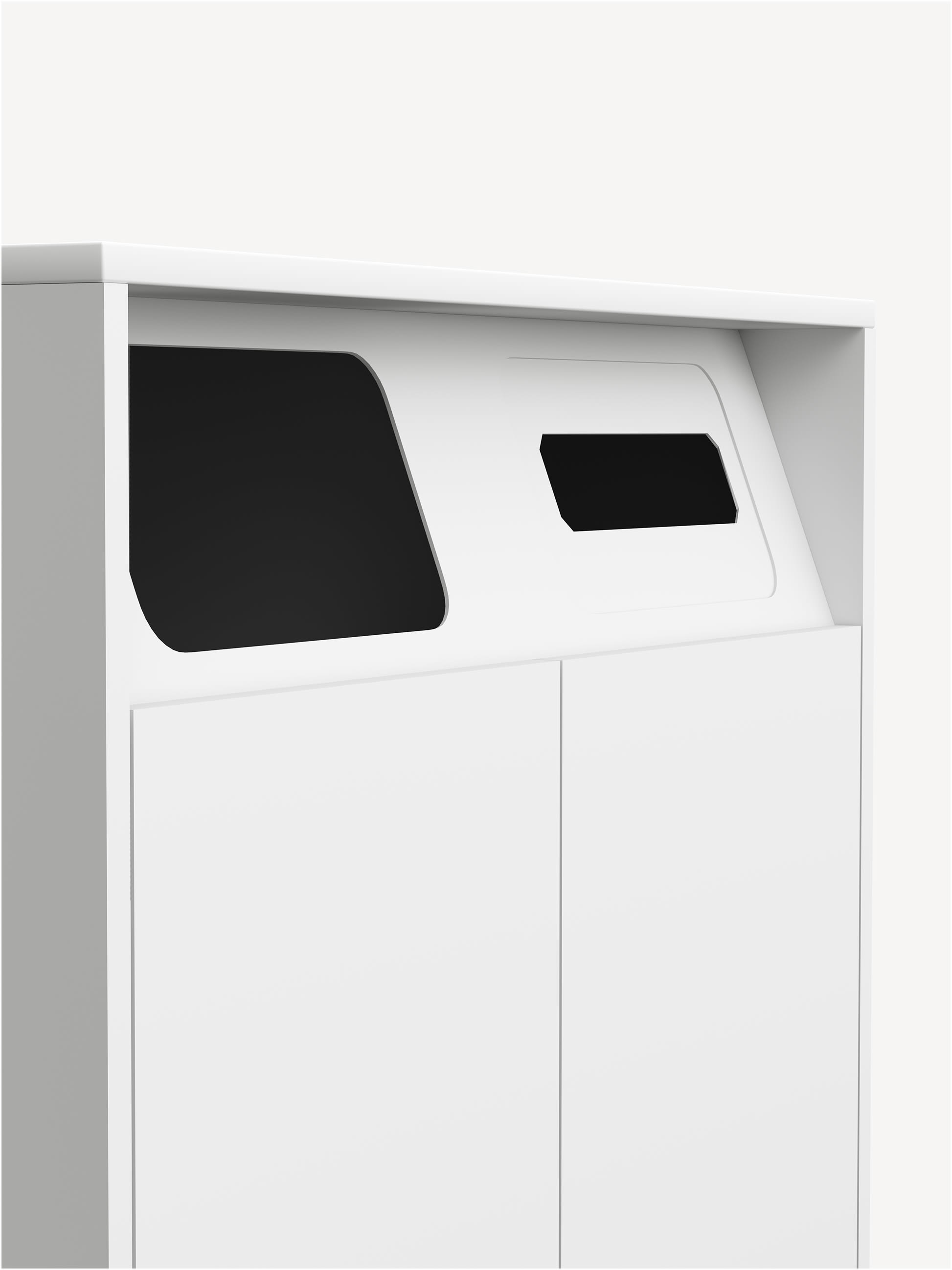 Detail view of a 2-bay Aware Waste Credenza in white with one paper insert and one trash insert.