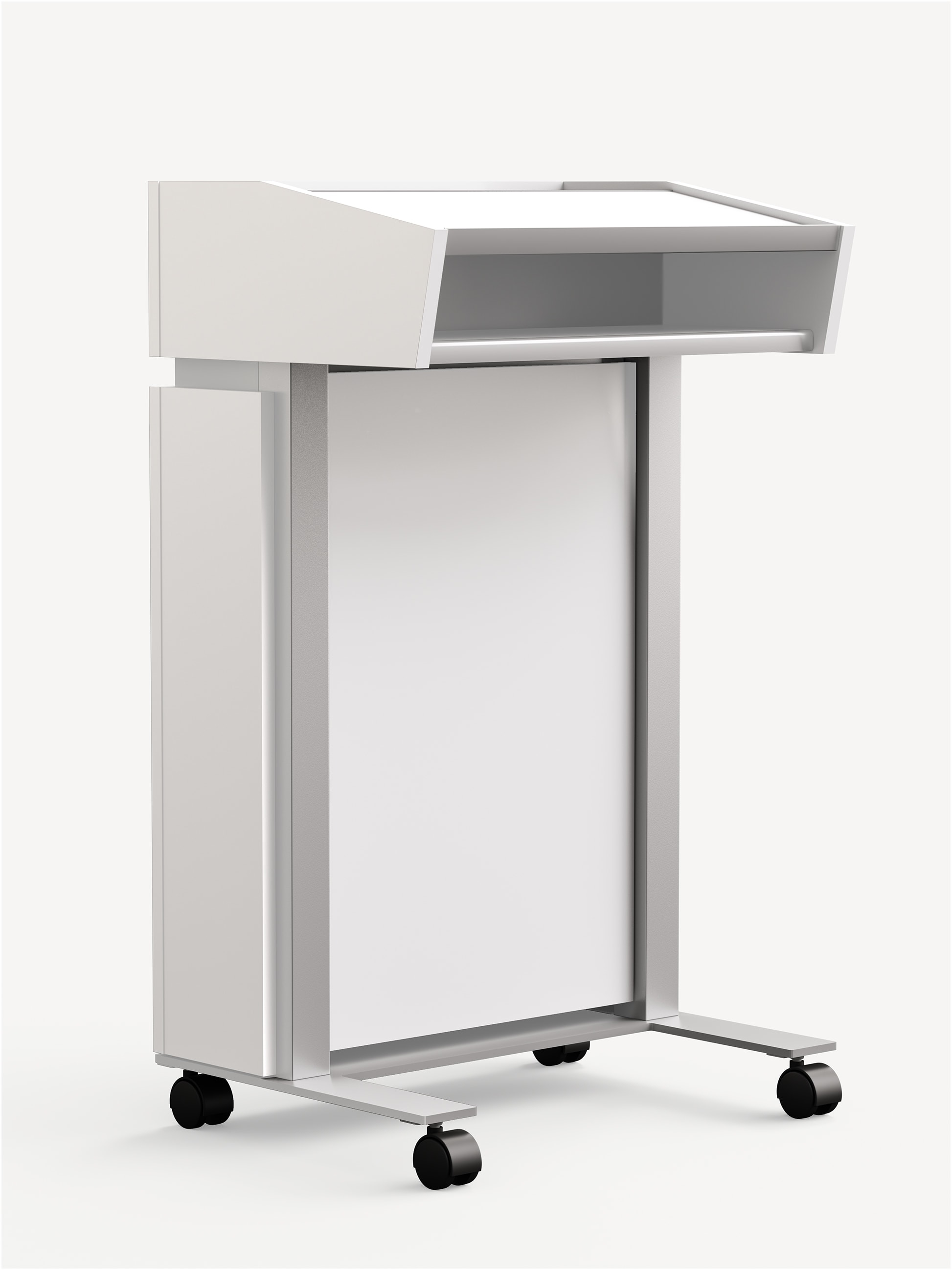 Three-quarter back view of an Aware Lectern with casters in white with silver frame.