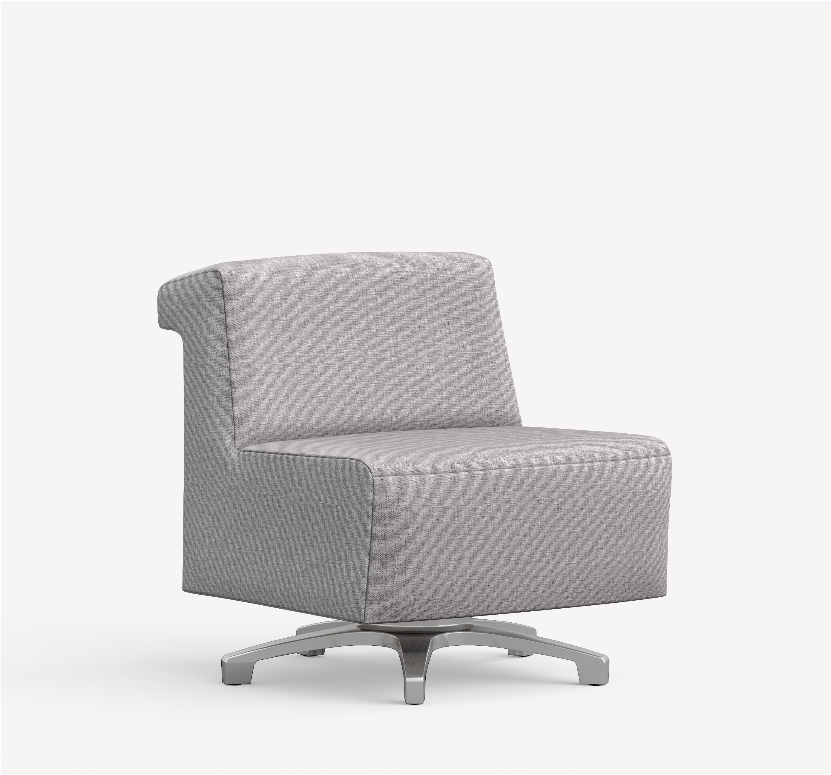 Three-quarter side view of the Allsteel Linger swivel lounge chair with aluminum base and light grey upholstery.