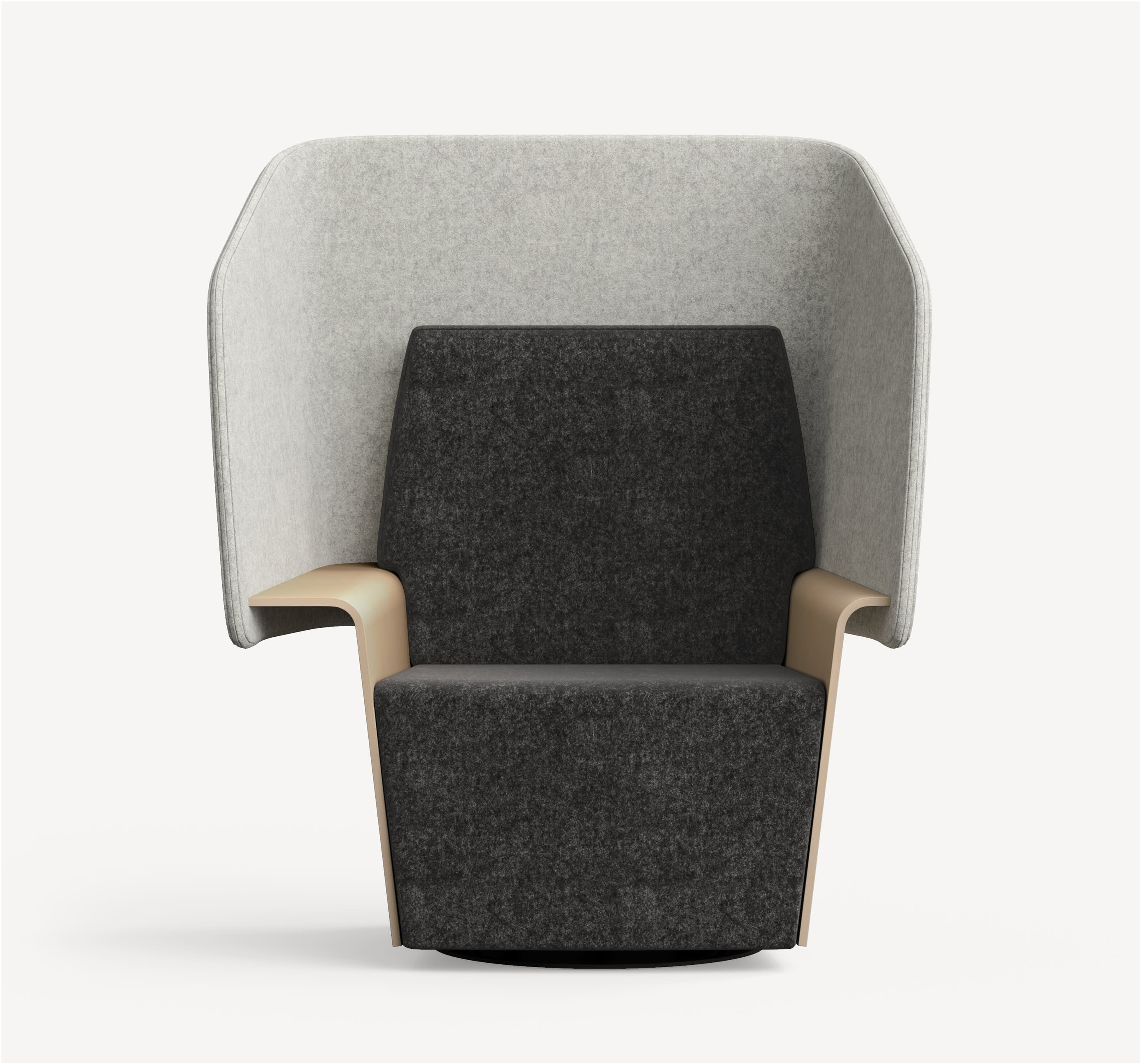 Front view of the Allsteel Reflect swivel lounge chair with dark grey upholstered seat and back, light grey upholstered upper shell and light wood veneer lower shell.