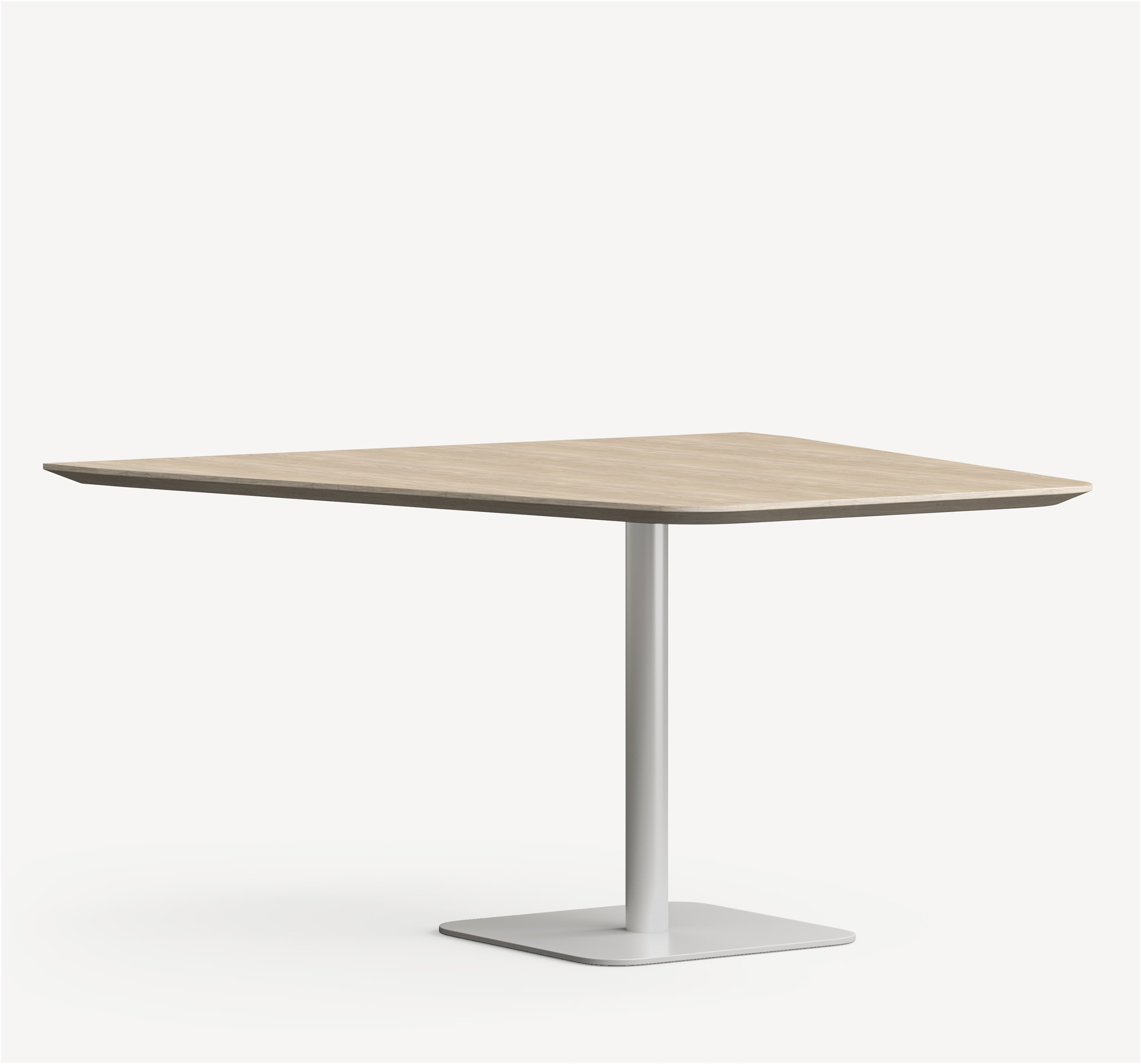 Allsteel Structure media collaborative table with square pedestal base and half-diamond, light laminate top.