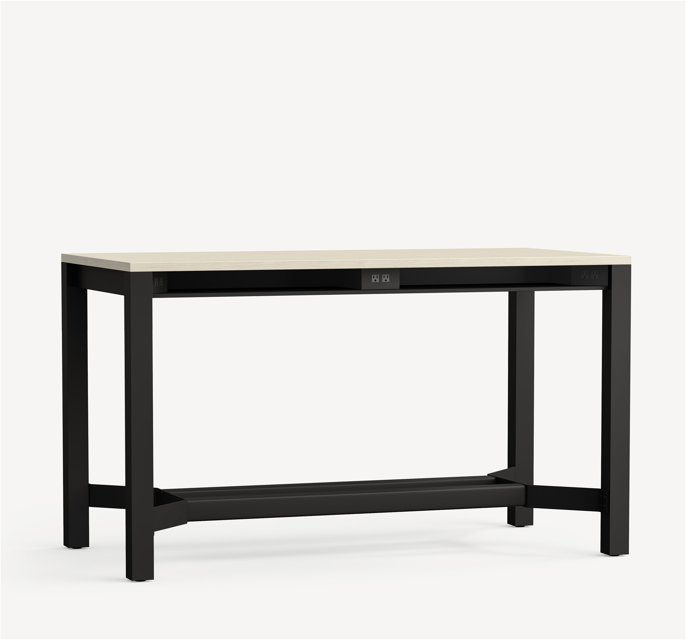 Allsteel Harvest standing height cafe table with black metal base, light laminate veneer top and electrical and USB outlets.