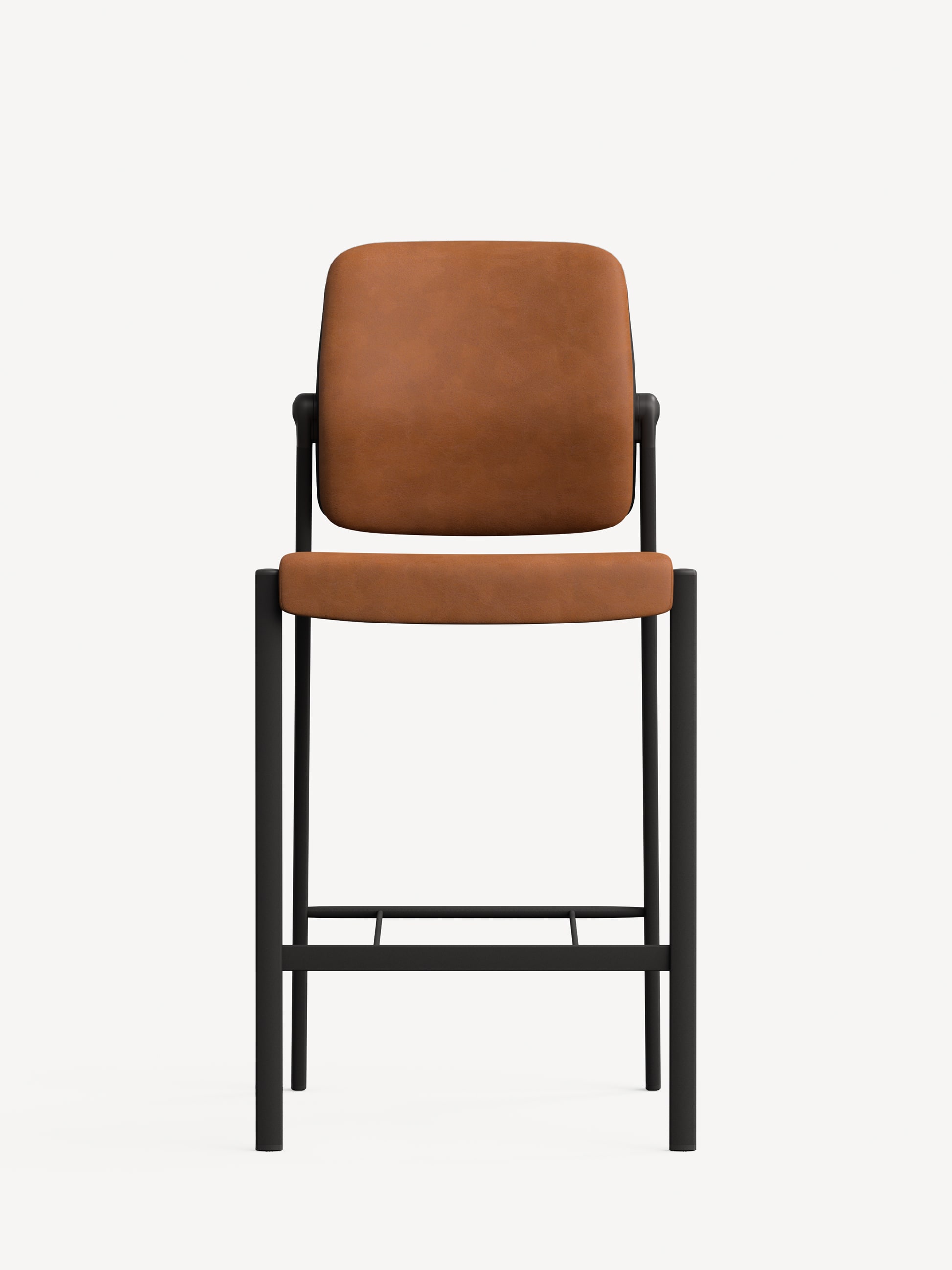 Front view of the Allsteel Relate high stool with a black frame and tan upholstery.