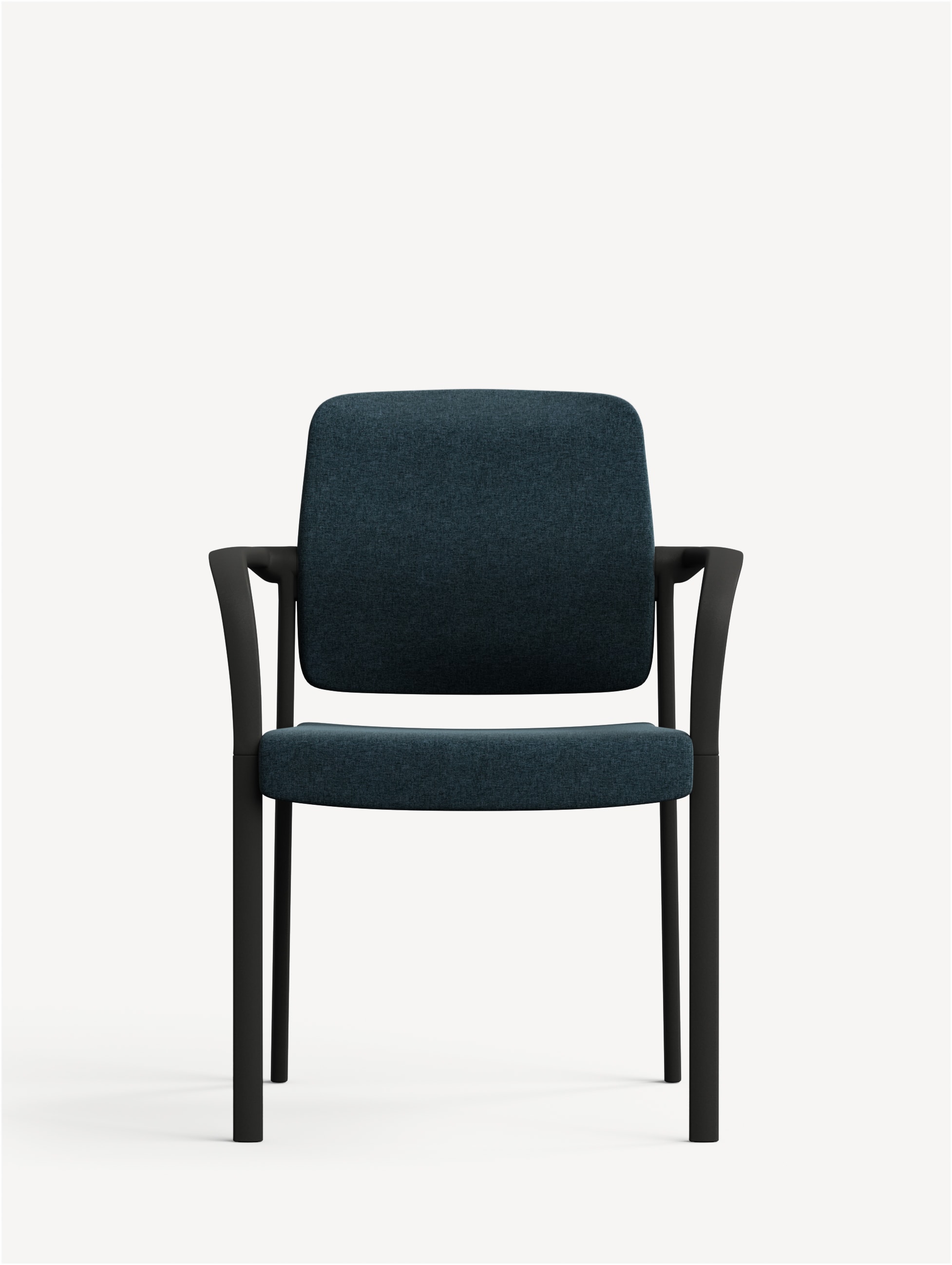 Front view of a Relate side chair with arms, black frame and blue upholstery.