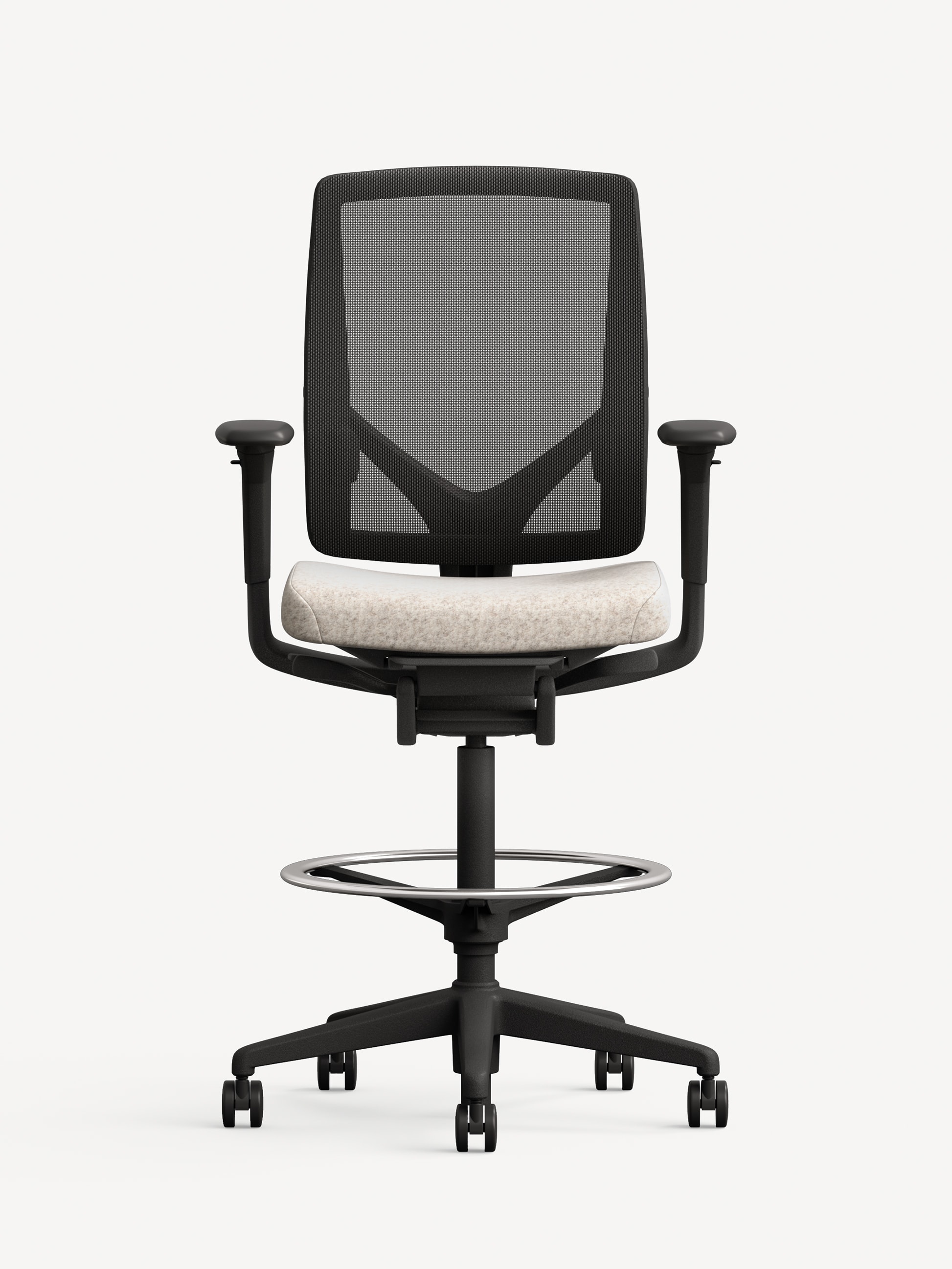 Front view of the Allsteel Relate work stool with a black frame, black mesh back, silver footrest and light greyish tan seat.