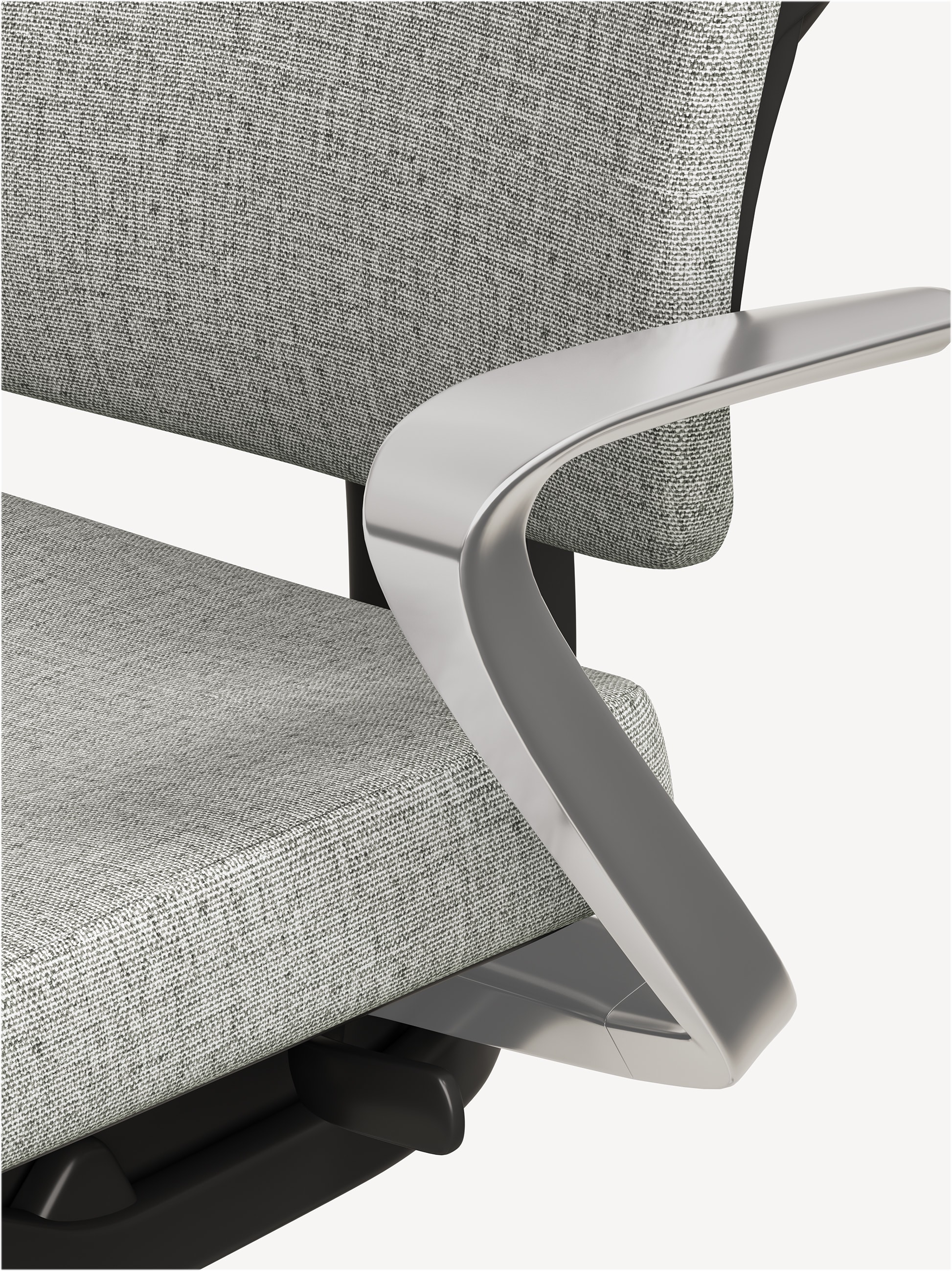 Detail view of the Allsteel Relate conference chair with silver arms and light grey upholstery.