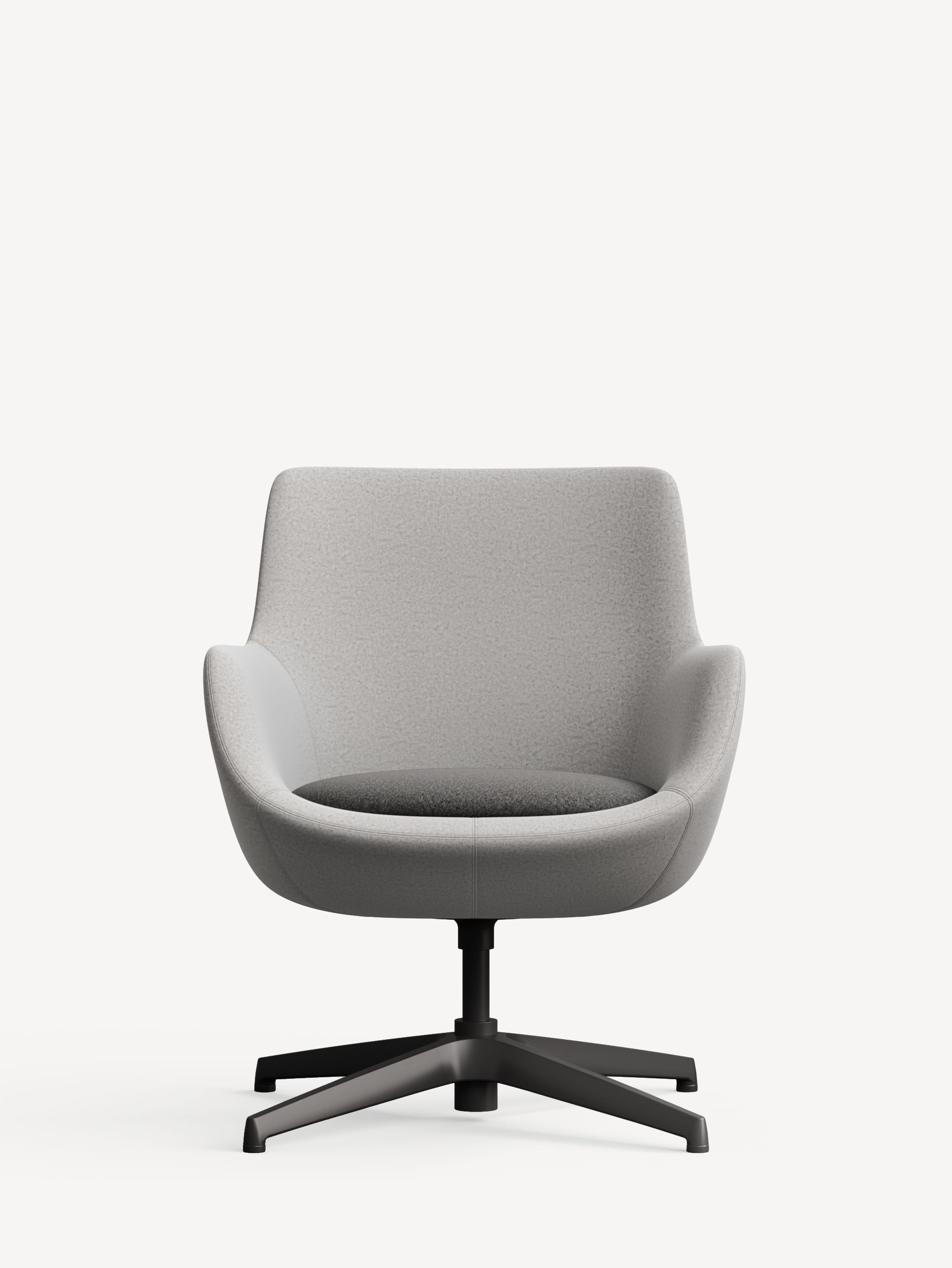 Front view of the Retreat side armchair with 4-star base in black, shell in light grey and seat in dark grey upholstery.