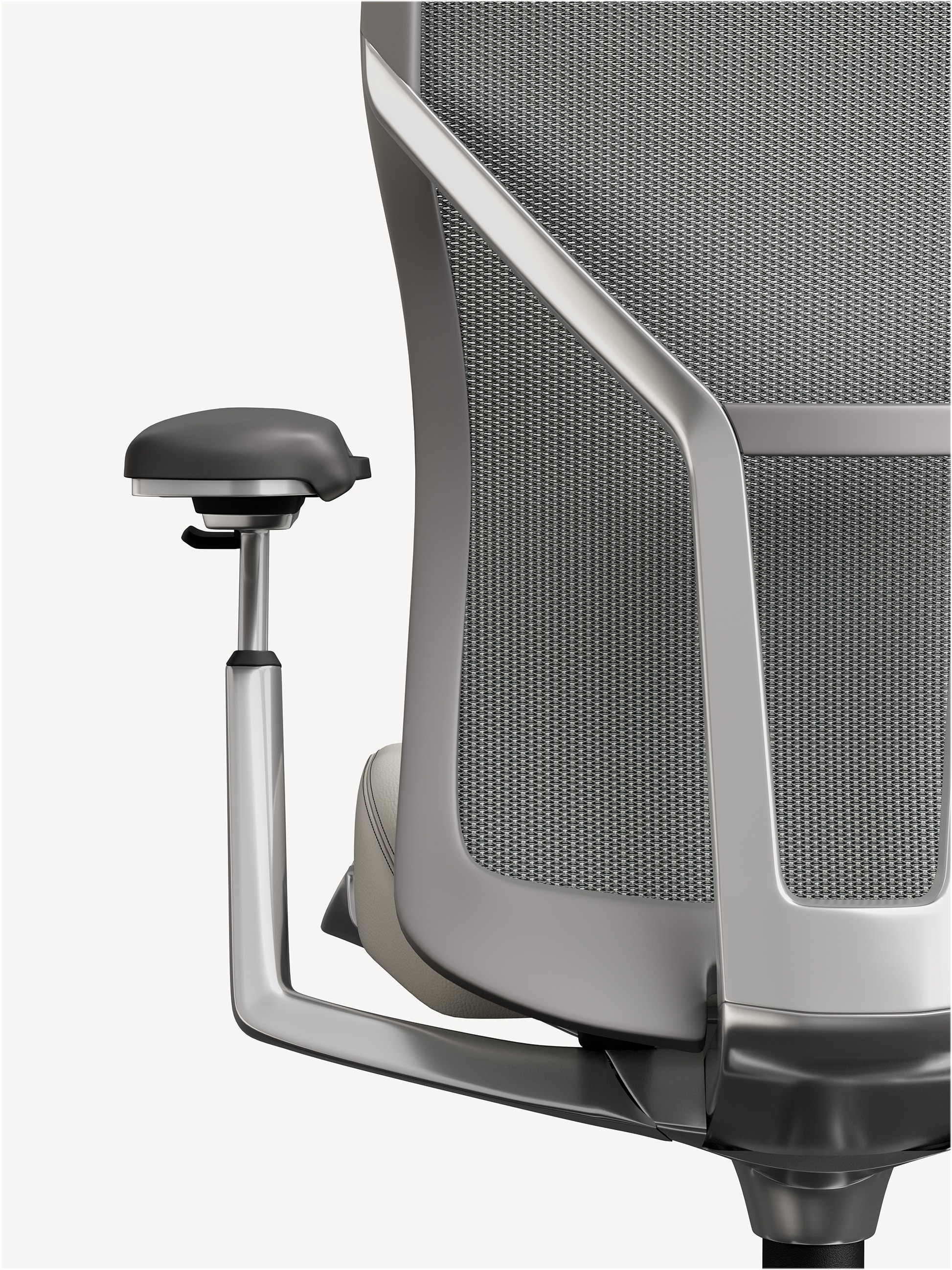 Detail shot of the back of an Allsteel Acuity task office chair with a titanium frame and grey mesh back.