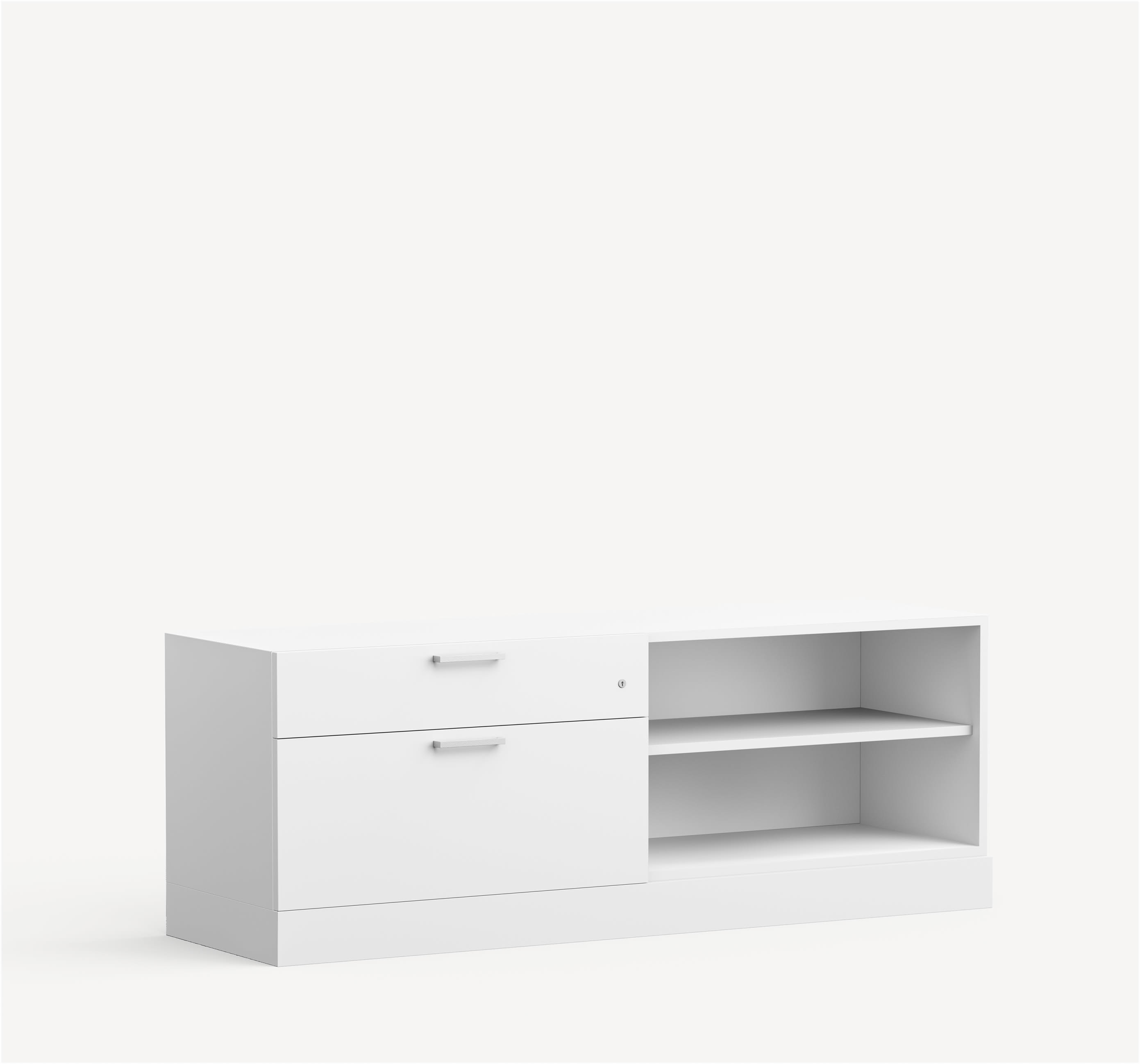 Align Credenza in white with a flushed plinth base, one box and one file drawer on the left and an open metal shelf on the right.