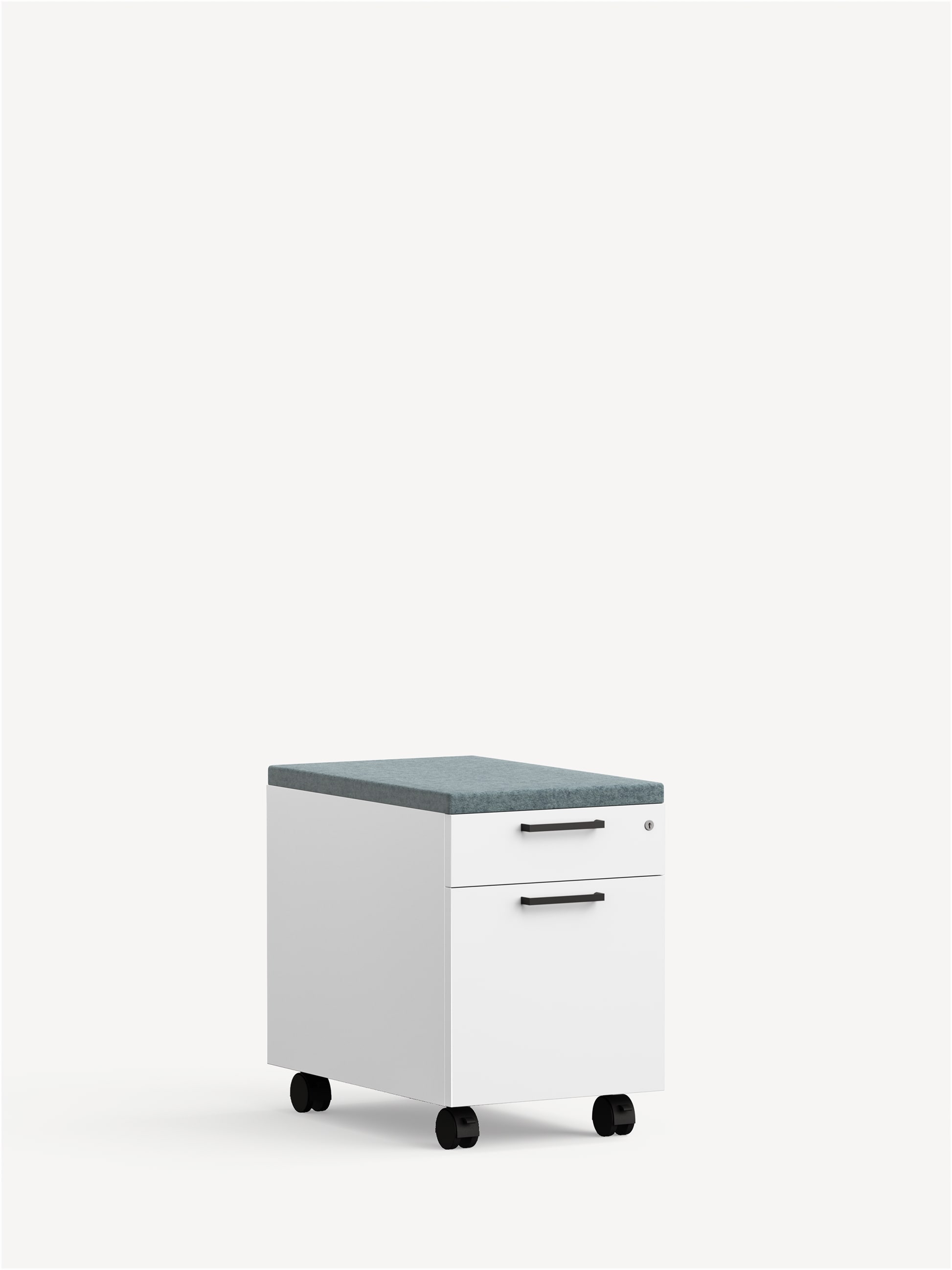 Align Mobile pedestal in white metal with a blue seat cushion, one box drawer and one file drawer.