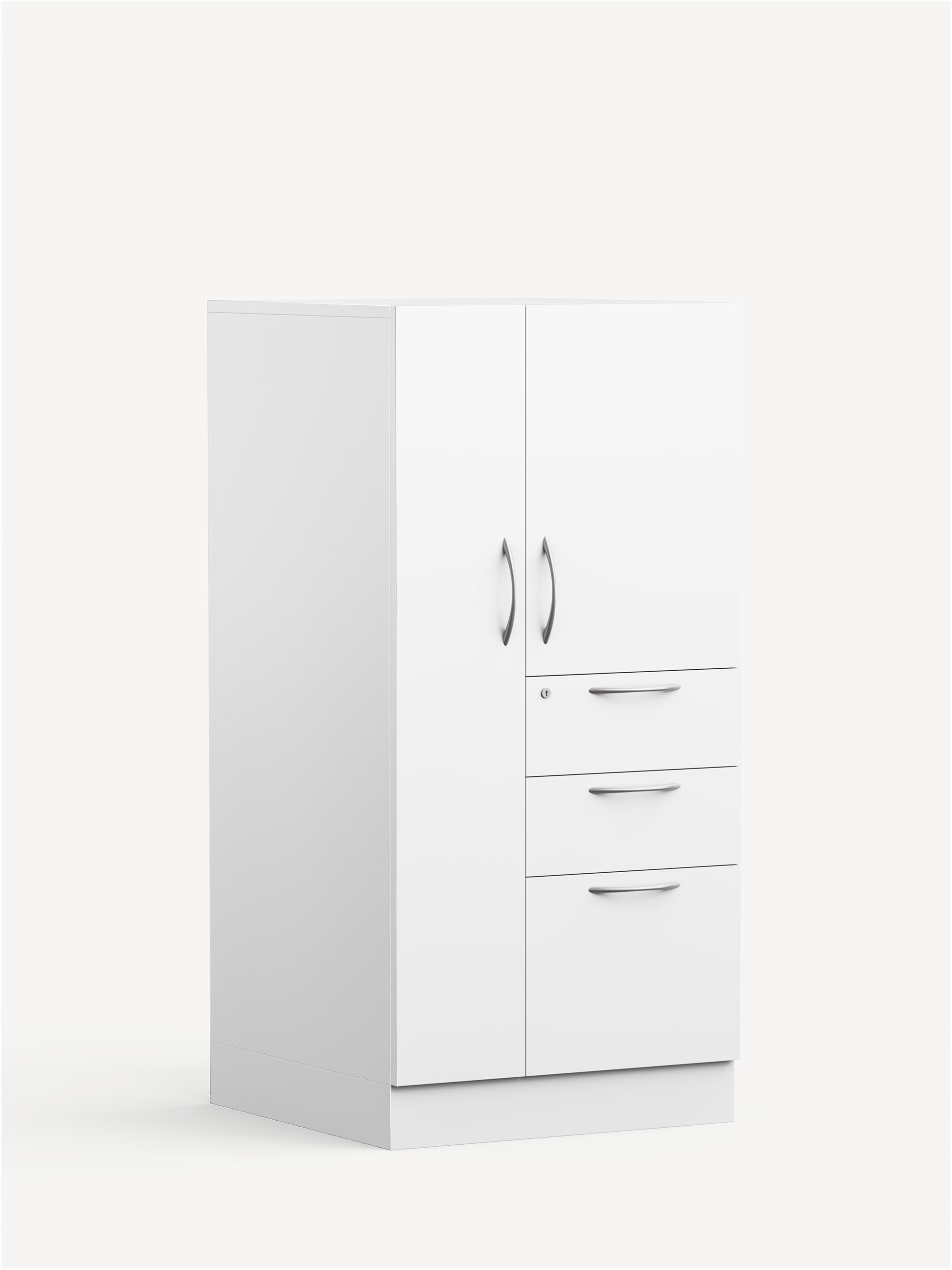 Align Storage Tower in white with a wardrobe on the left and a door, two box drawers and one file drawer on the right.