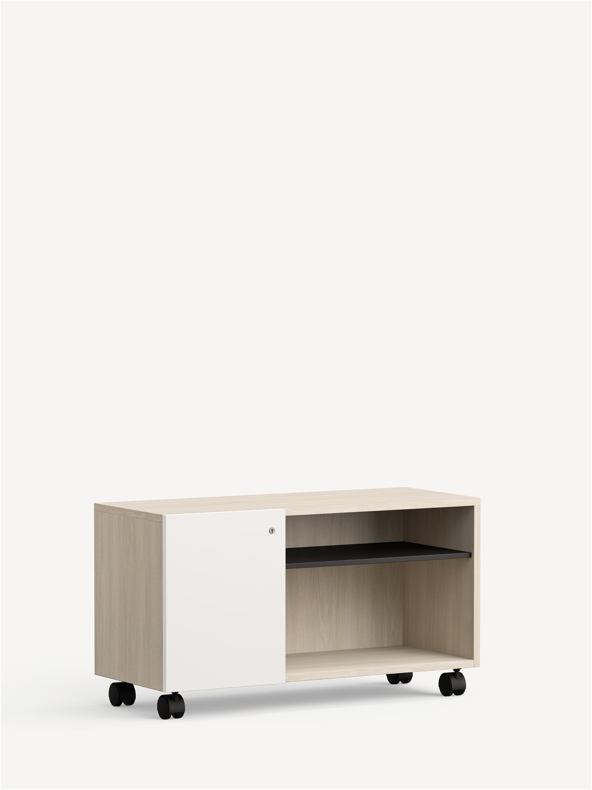 Further Mobile Credenza in light wood with a white door on the left side, black shelf on the right and black casters.