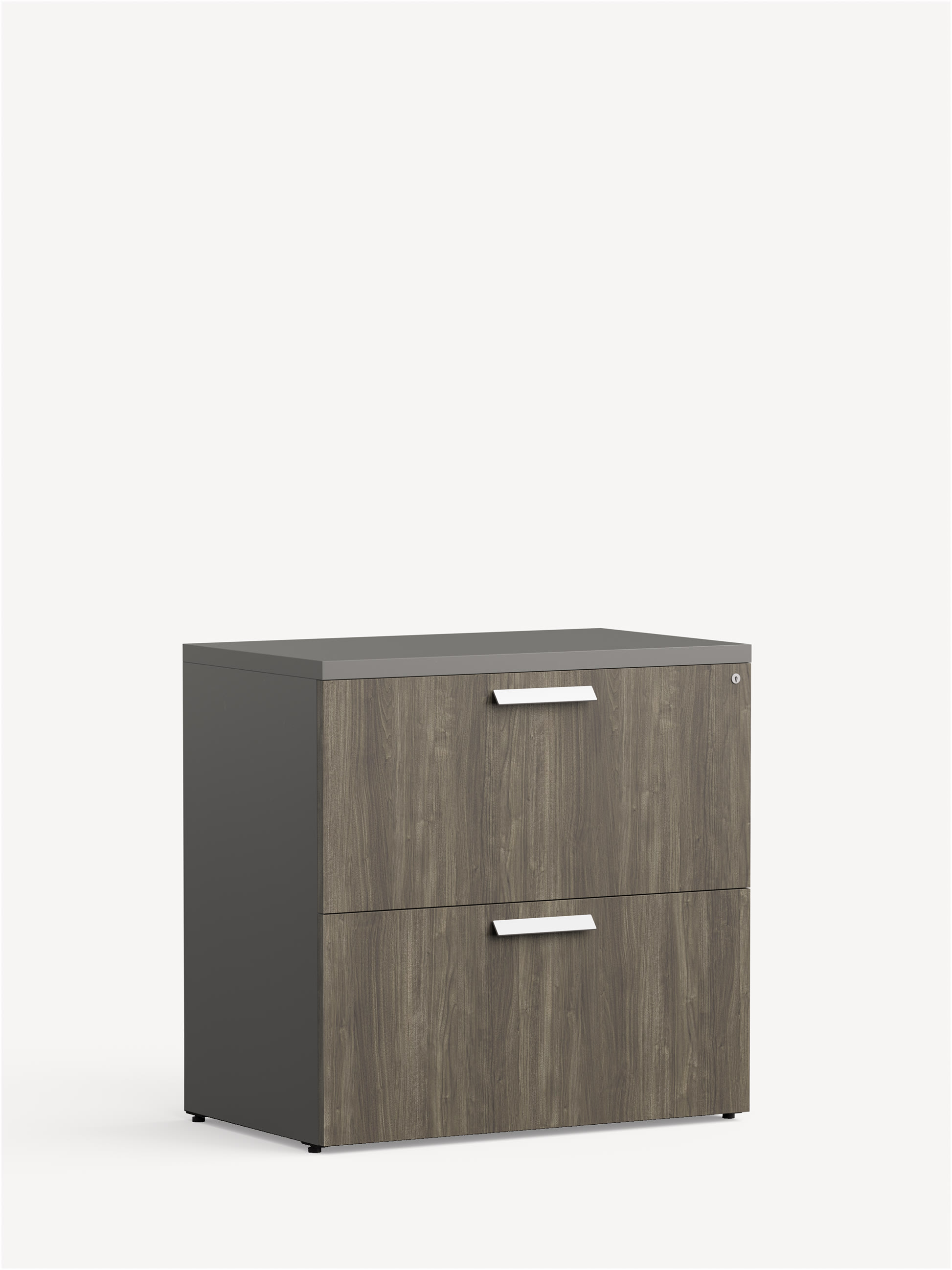 Approach Lateral File Unit in brownish grey wood with two later file drawers, dark grey top and silver handles.