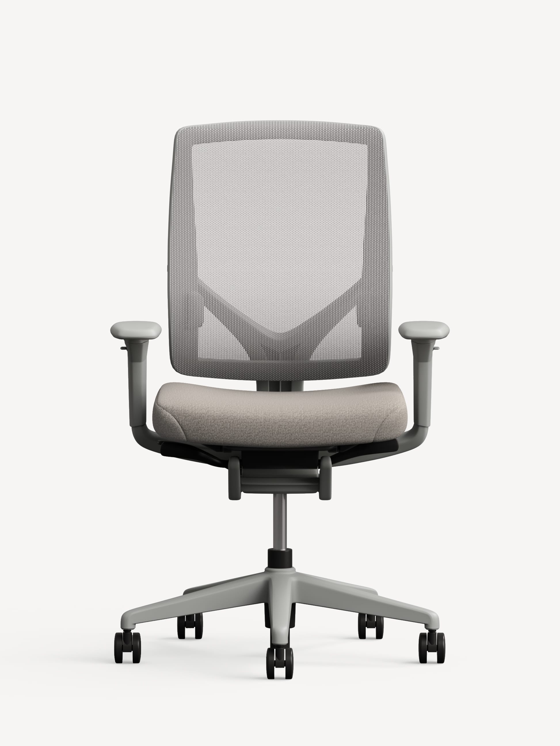 Allsteel Relate task office chair with grey frame, grey mesh back and light tan seat, with casters.