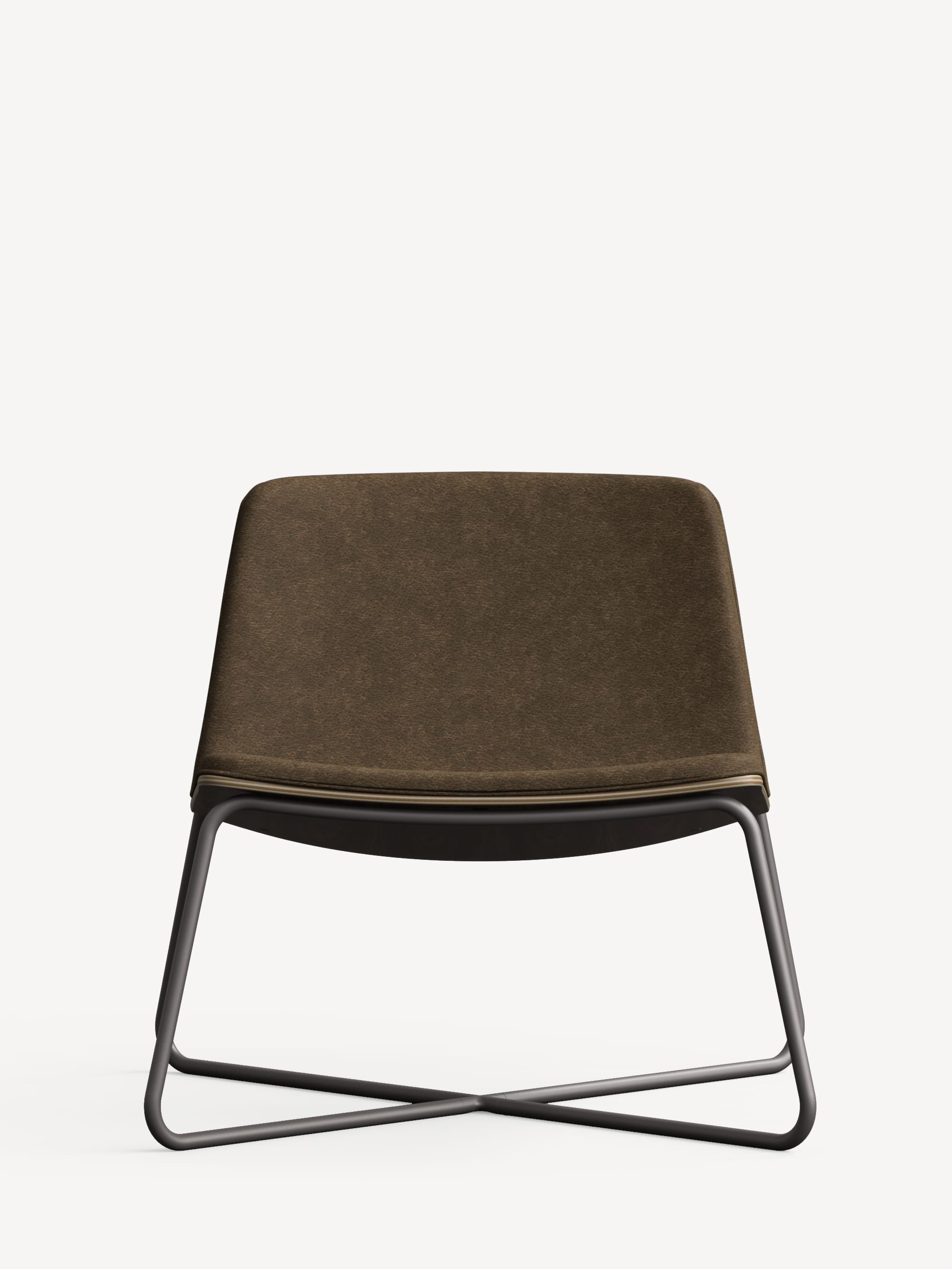 Front view of the vicinity lounge chair with a black frame, brown wood veneer shell back and brown upholstered front.