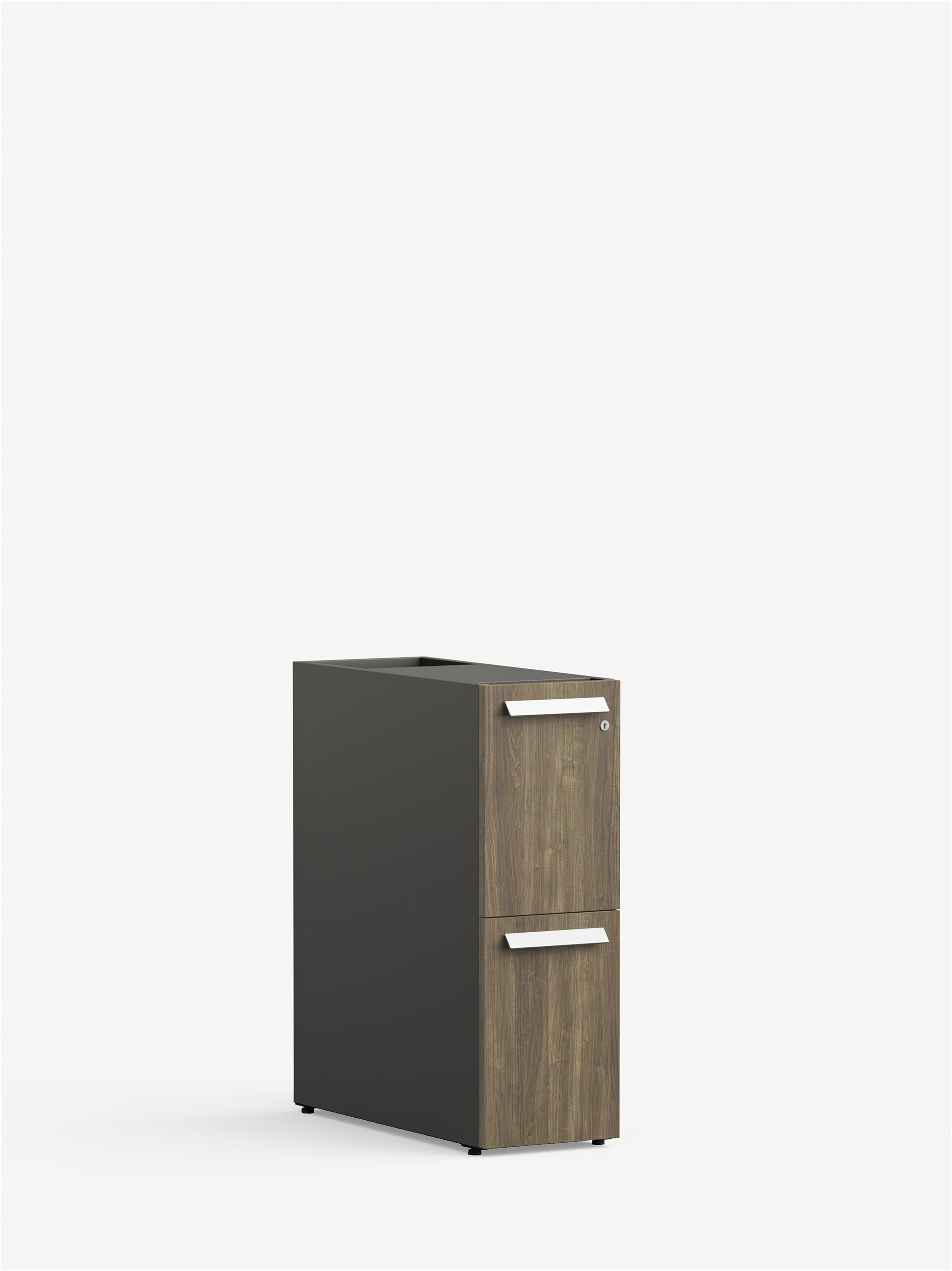 Approach Slim File Pedestal in dark brownish grey wood with two file drawers and silver handles.