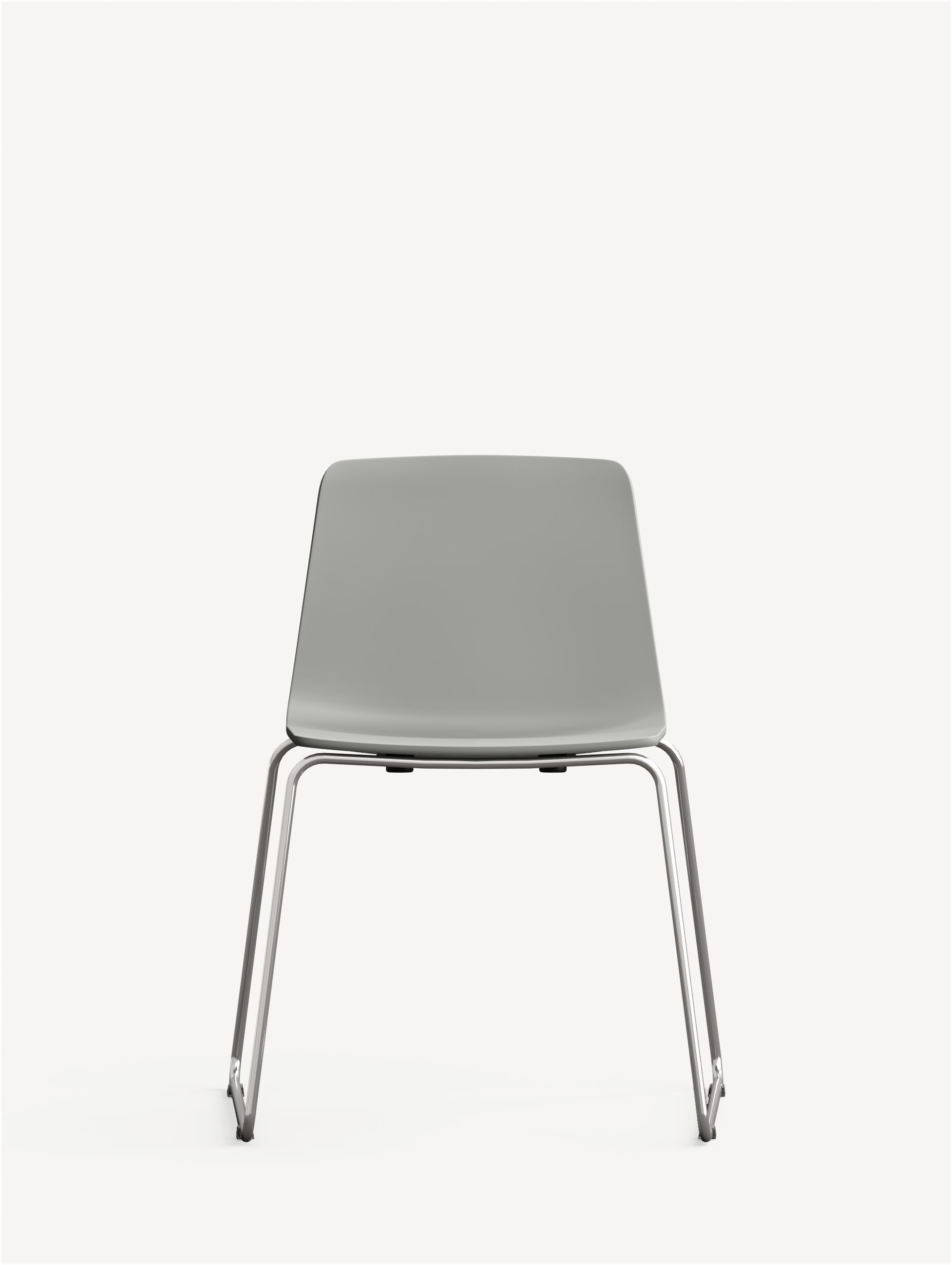 Front view of the Vicinity stackable side chair with chrome sled base and light grey polymer shell.