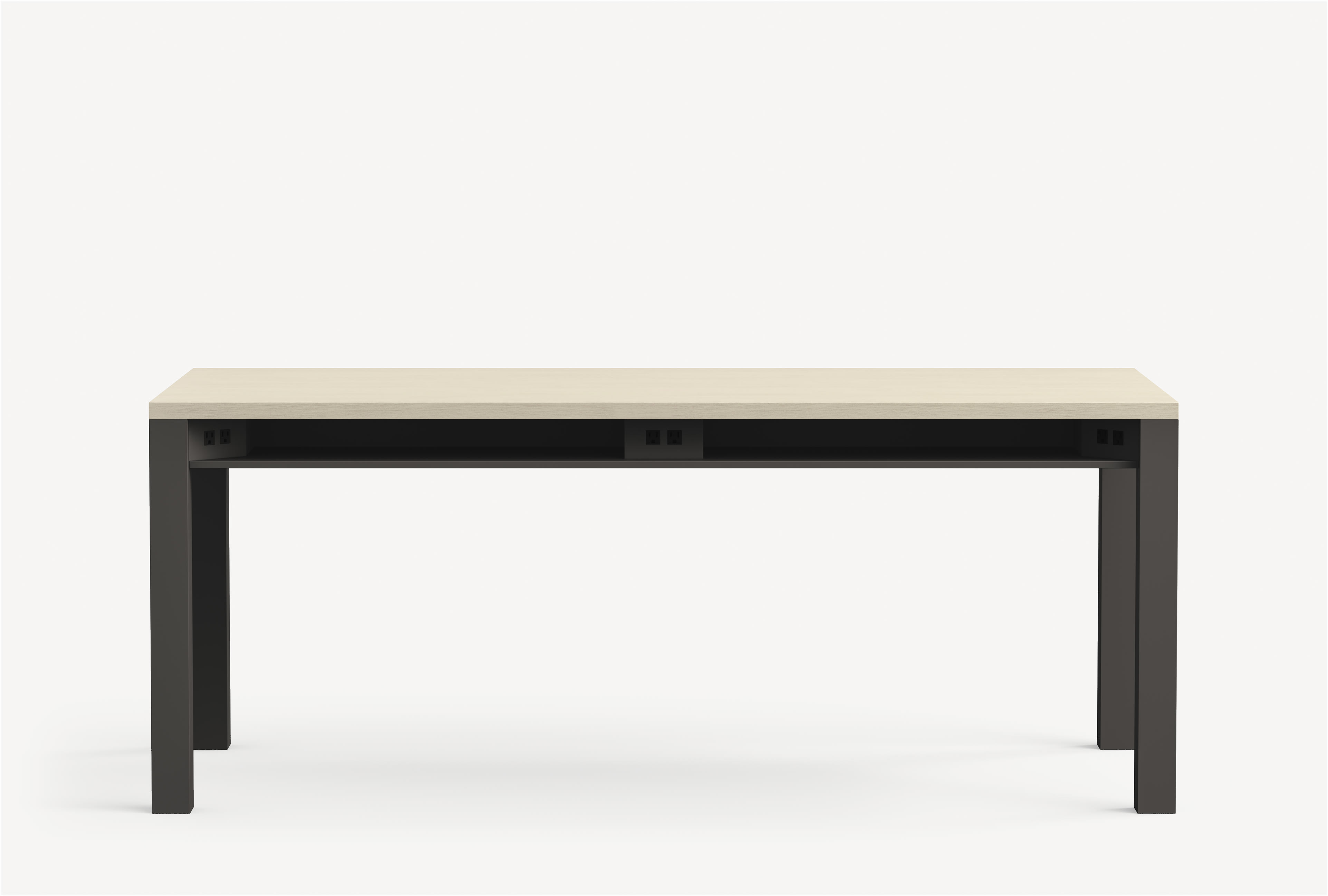 Allsteel Harvest conference table with black metal base, light laminate veneer top and electrical and USB outlets.