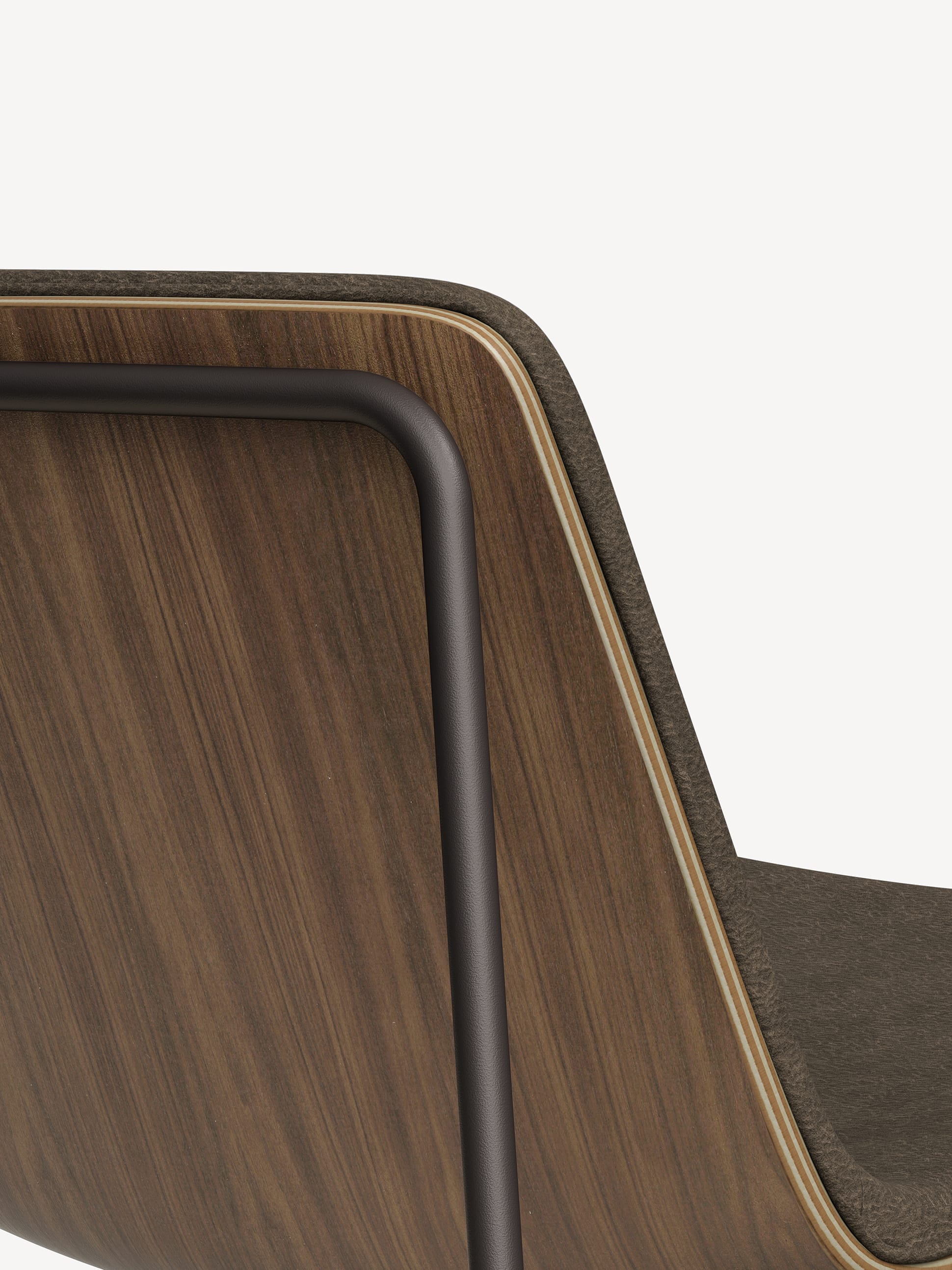 Detail of the back of the vicinity lounge chair with a black frame, brown wood veneer shell back and brown upholstered front.