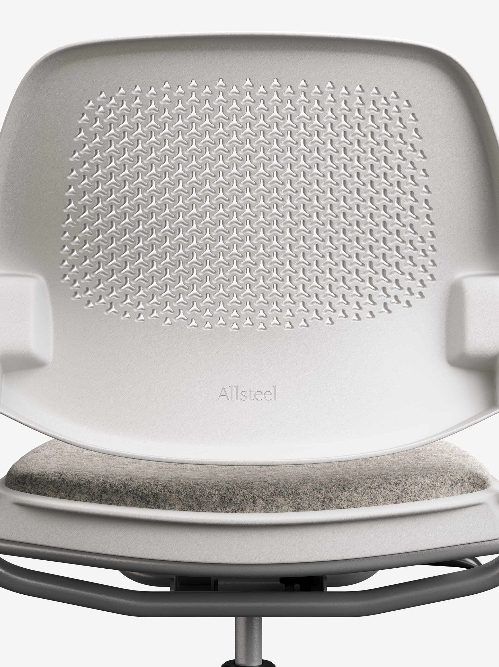 Detail view of the back of the Allsteel Inspire office chair with light grey perforated back.