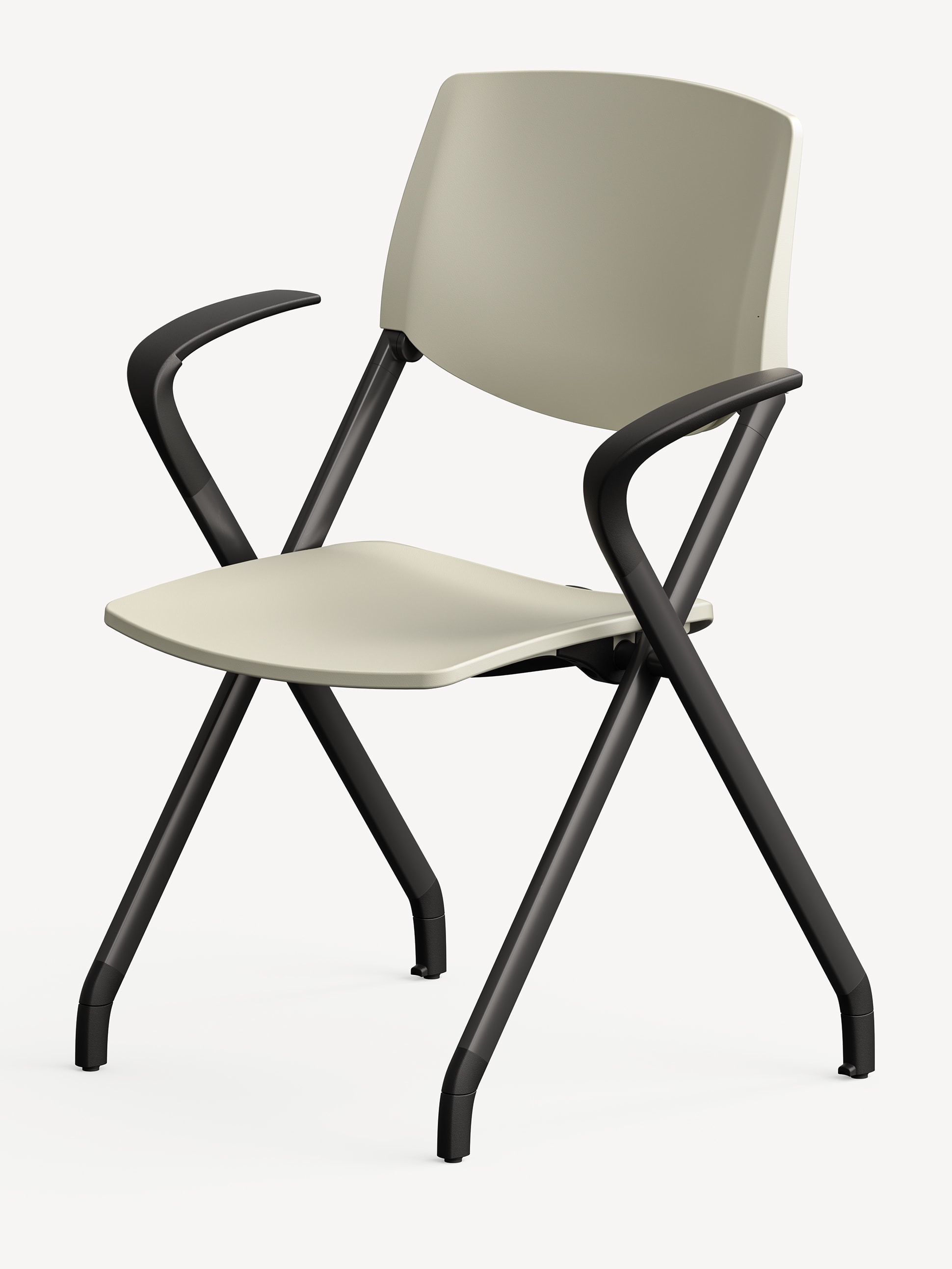 Three-quarter view of the Allsteel Seek side armchair with a black frame and off-white polymer seat and backrest.