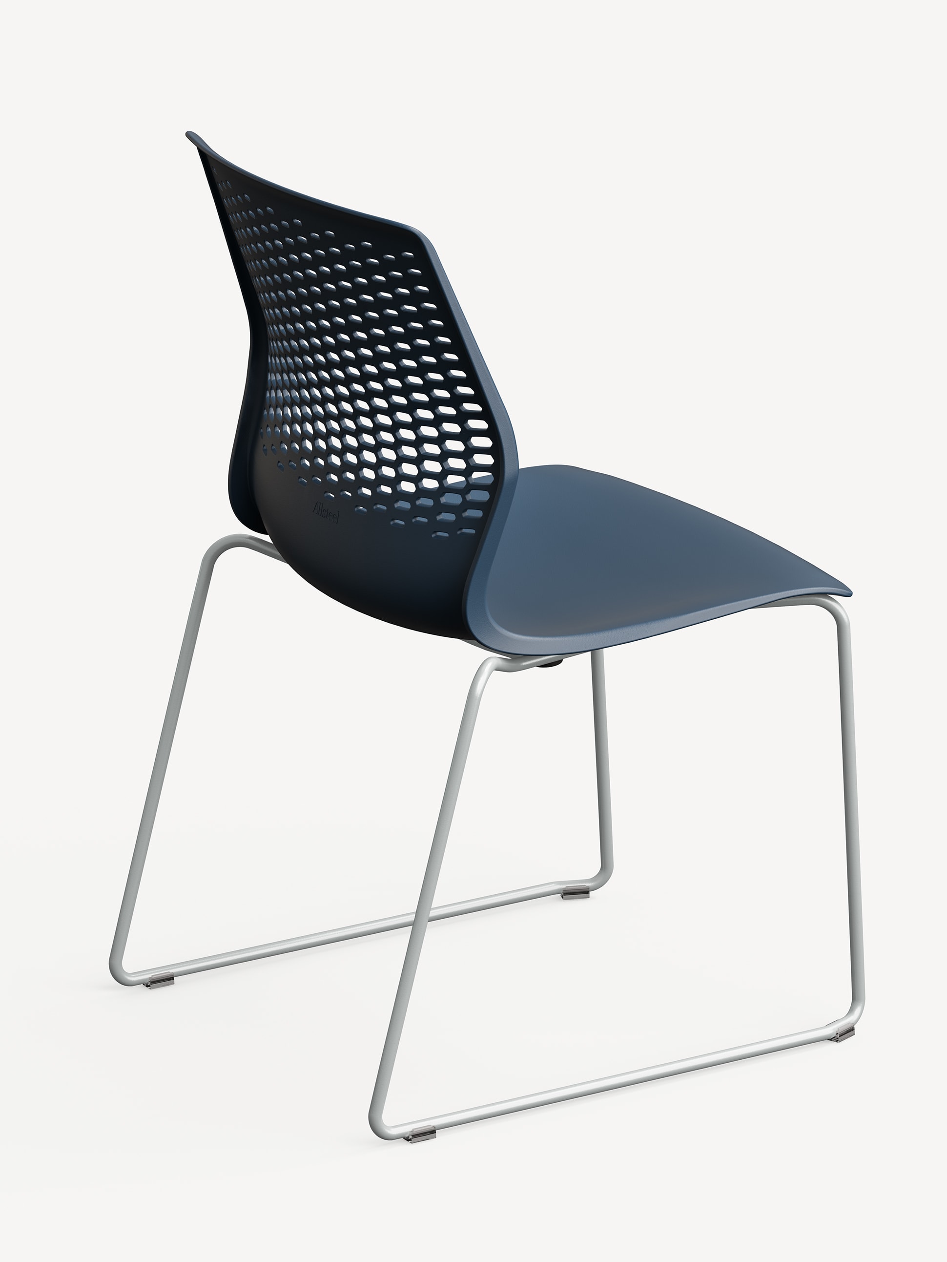 Side view of the Allsteel Lyric multipurpose chair with blue seat and back and silver sled base.