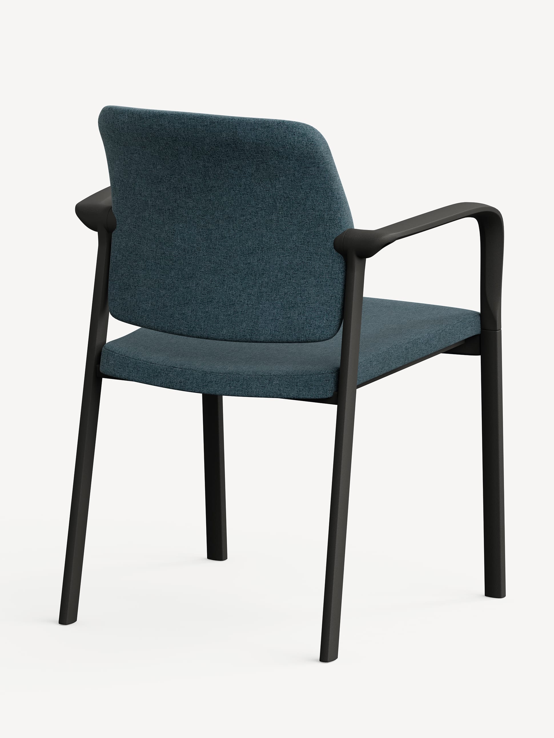 Three-quarter view of an Allsteel Relate side chair with arms, black frame and blue upholstery.