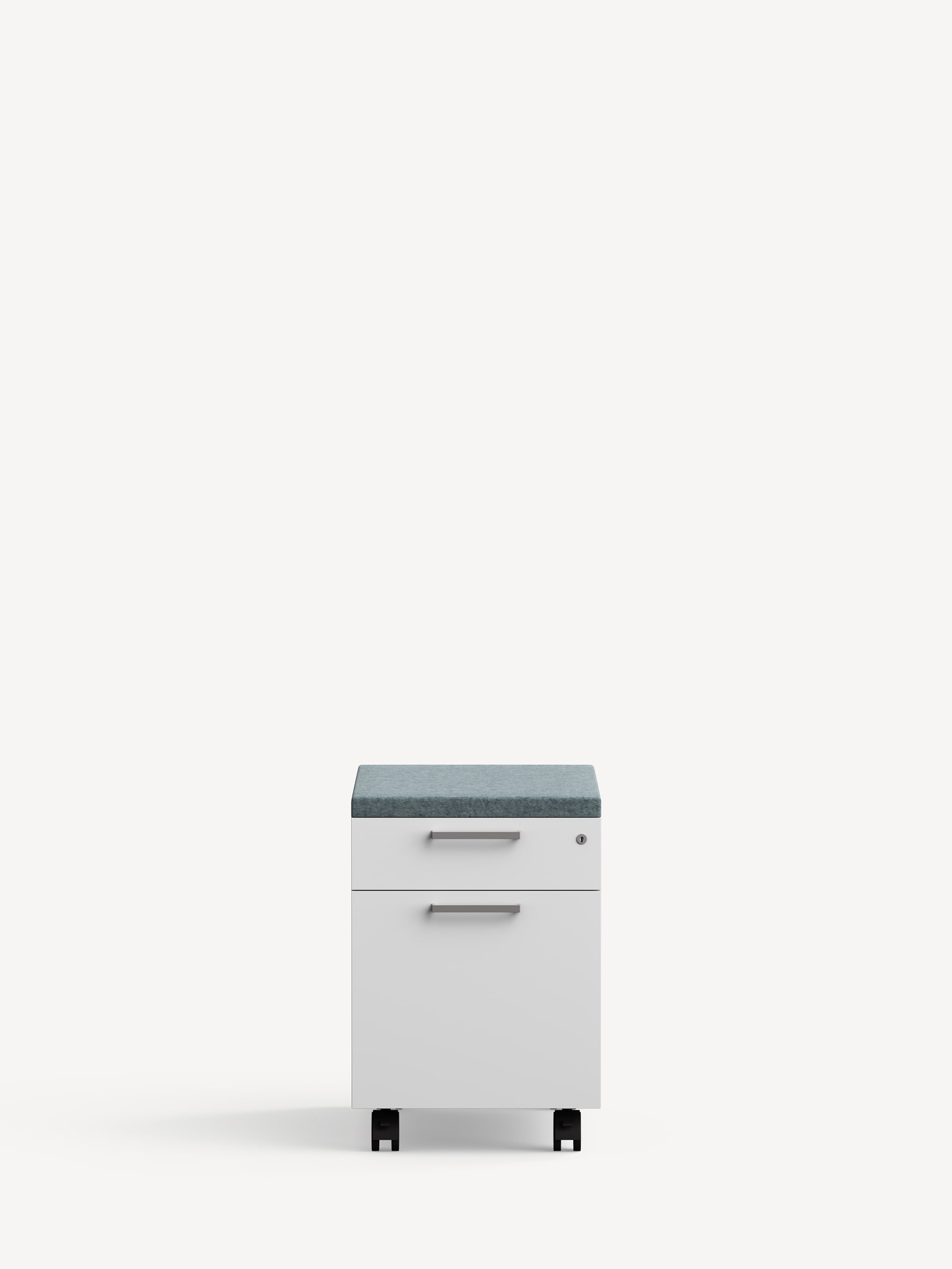 Align Mobile pedestal in white metal with a blue seat cushion, one box drawer and one file drawer.